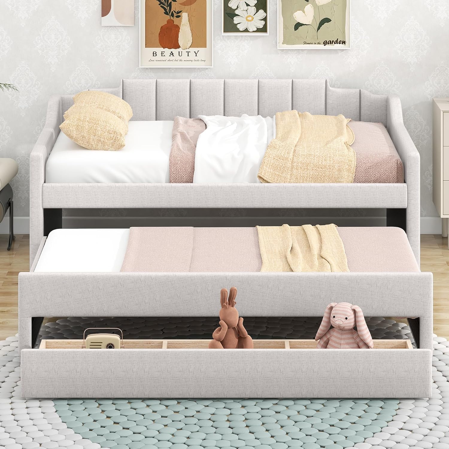 Merax Upholstered Twin Size Daybed with Trundle and Three Drawers, Wood Sofa Bed with Swooping Arms, Beige