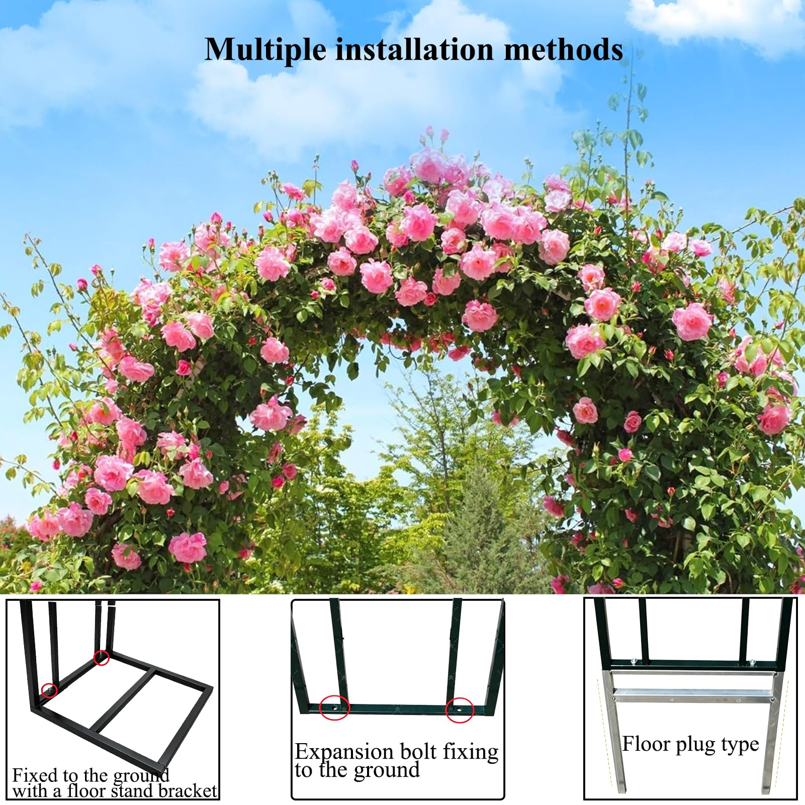 Arche de Jardin Métallique 220x230cm, Support pour Plantes Grimpantes, Arche Autoportante Résistante aux Intempéries, Socle Amovible et Piquets de Fixation, Déco Jardin Terrasse Mariage (Noir)