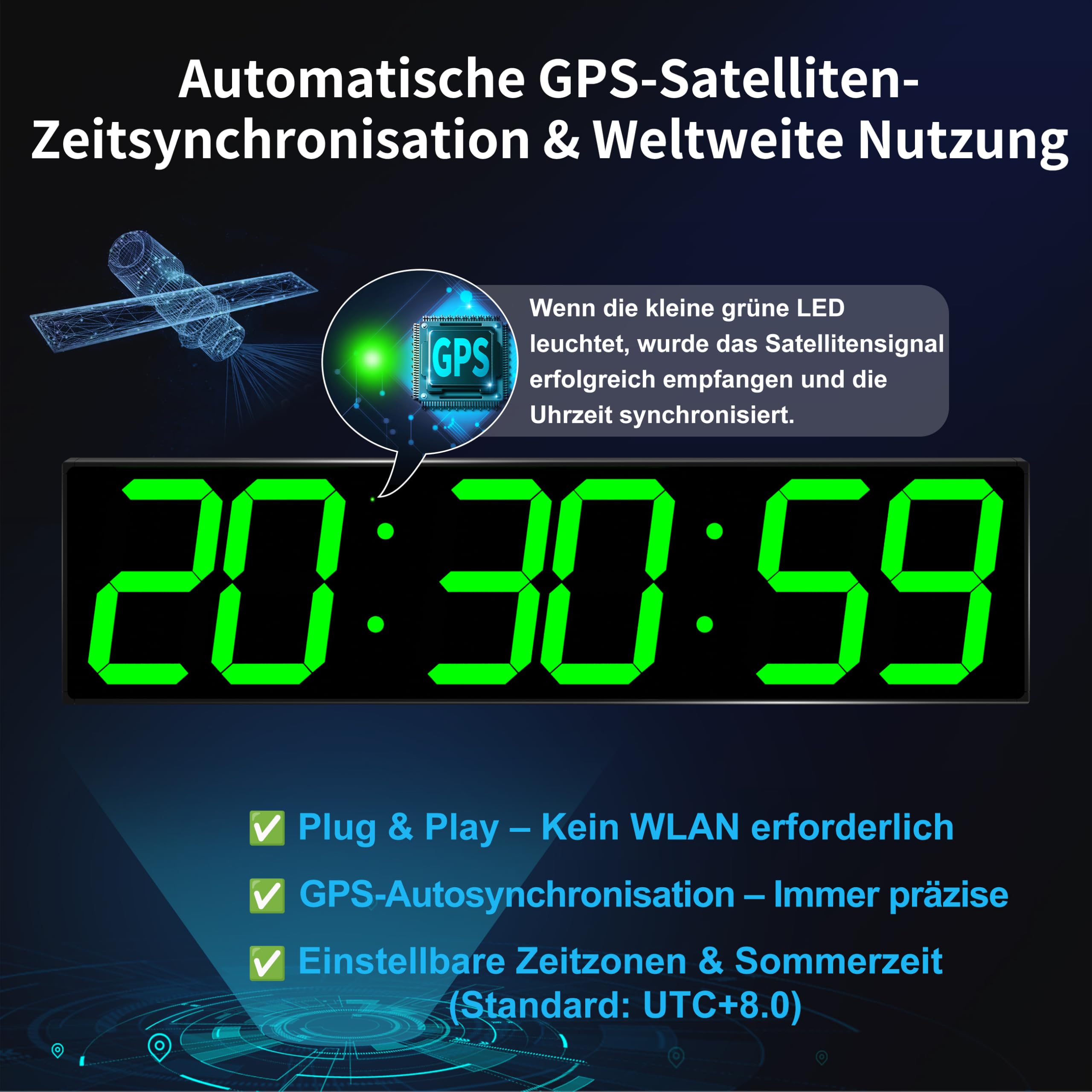 CHKOSDA Orologio da parete digitale da 28 pollici con sincronizzazione automatica GPS, numeri LED massicci da 15 cm, misurazione precisa del tempo, telecomando, timer, data e temperatura, per palestra