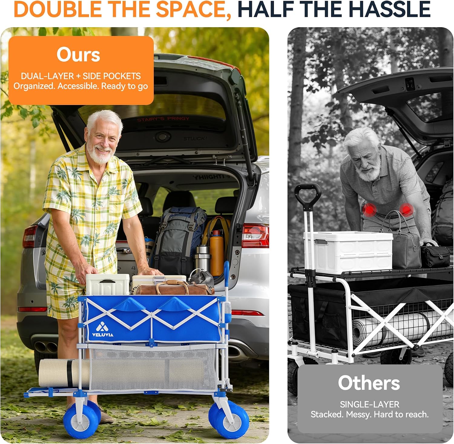 400L Double Decker Beach Wagon-500LBS Heavy Duty Beach Cart with 9" Big Balloon Wheels for Sand,Folding Collapsible Wagon with Side Pocket for Beach, Fishing, Camping,Outdoor(Blue)