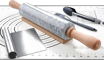 Marble Rolling Pin Set with Silicone Pastry Mat, Pastry Brush, Baking Tongs, Stainless Steel Scraper, 18.5 Inch Polished Non Stick Roller for