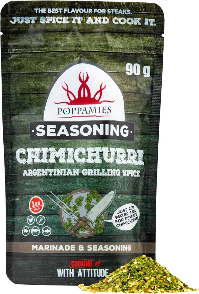 Chimichurri – die Grillsoße aus Südamerika 7 Poppamies Chimichurri Argentinische Grillgewürze - 100% natürliches Gewürz - Perfekt für gegrilltes Fleisch, Salate oder Pasta - Saucenmischung - Bestes argentinisches Gewürz - Große Packung (90g)