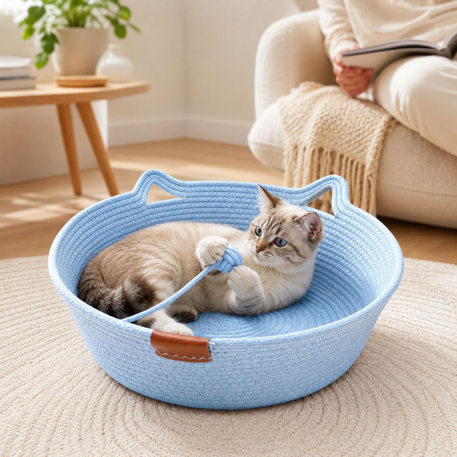 Cat Instinct Basket Bed, Cotton Rope Cat Basket with Cushion Toy Tail