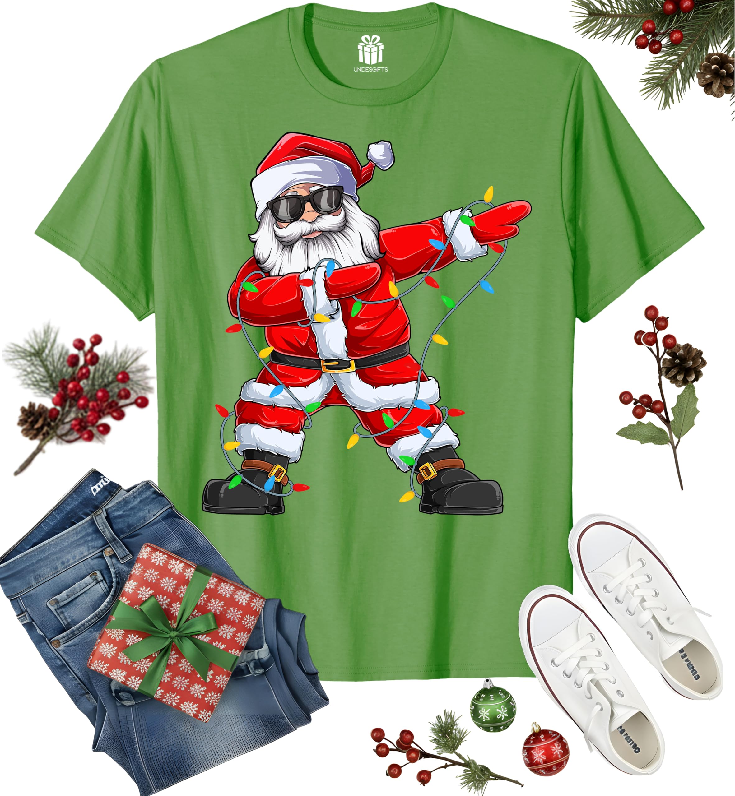Dabbing Santa Christmas Red Lights T-Shirt for Men, Boys, Girls and Kids, Funny Dad Boyfriend Son
