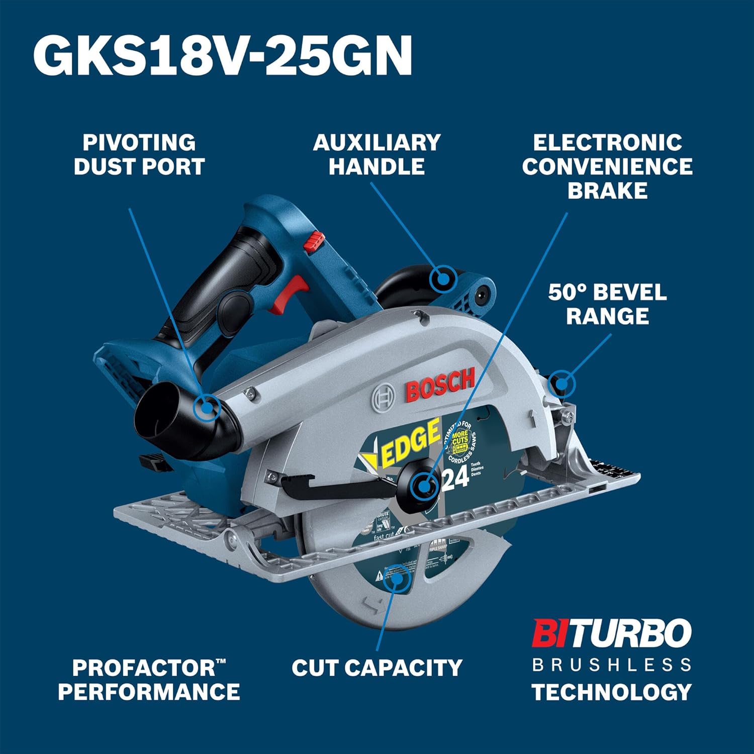 BOSCH GKS18V-25GN PROFACTOR™ 18V 7-1/4" Circular Saw with Track Compatibility - BITURBO Brushless Technology, ECO Mode, One-Touch Depth Adjustment, 0-50° Bevel Range, Ergonomic Handle (Bare Tool)