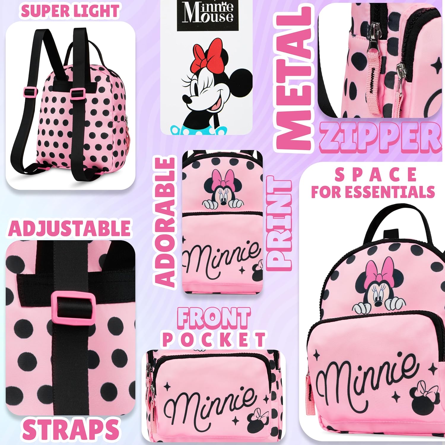 Get Trend Disney Minnie Mouse Mini Backpack for Girls Toddlers 9x7” Travel Bag Cute Bag for Daycare Trips Vacation Fashion Gifts for Girls (Pink Minnie Mouse)