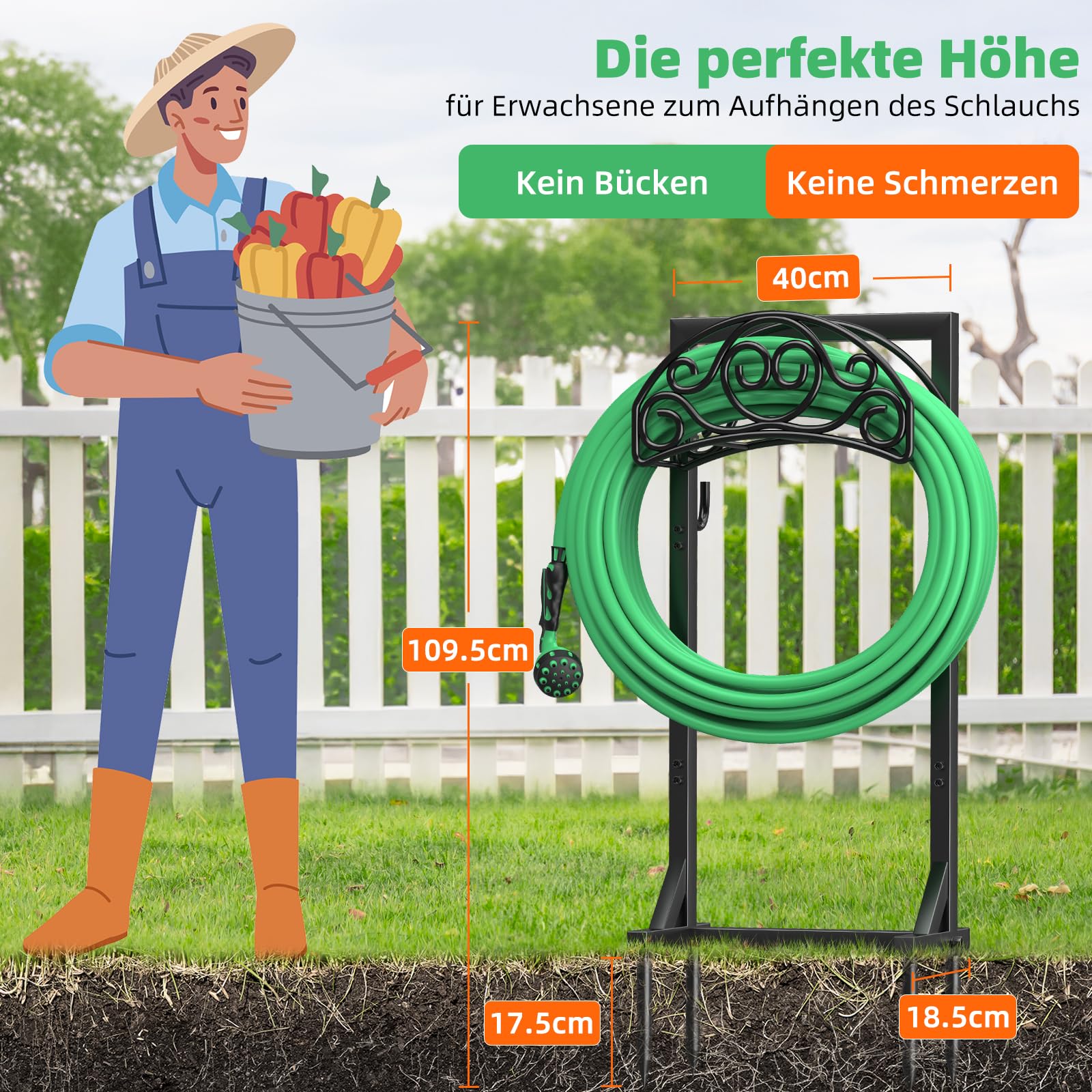 Soporte para manguera de Jardin de 109,5 cm, Soporte para Manguera de Riego de 45 m, con 2 Ganchos para Herramientas y 4 Puntas de Anclaje, Soporte e Independiente para el Jjardín y el Césped
