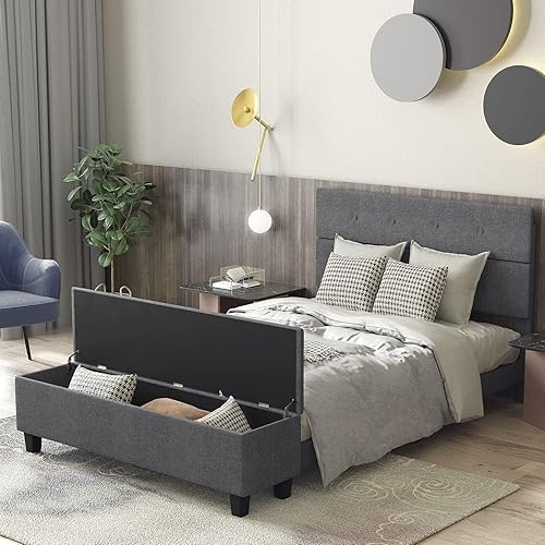 Miniatura 5 de KOMFOTT Base de cama tapizada de tamaño matrimonial con almacenamiento otomano, base de colchón moderna con cabecera copetuda con botones, base de