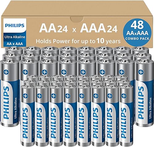PHILIPS - Paquete combinado de 48 baterías AA y AAA, paquete variado de baterías ultra alcalinas, paquete de 24 unidades cada uno, 10 años de vida