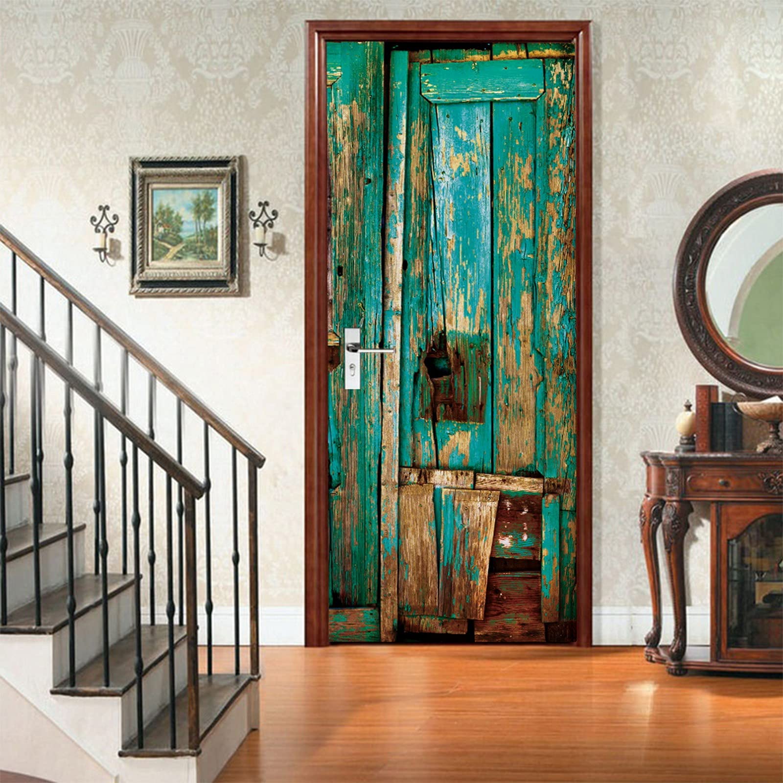 Autocollant Porte 3D Effet Vieille Porte En Bois Verte - Dimensions 77x200 Cm, Vinyle PVC Amovible, Facile à Poser