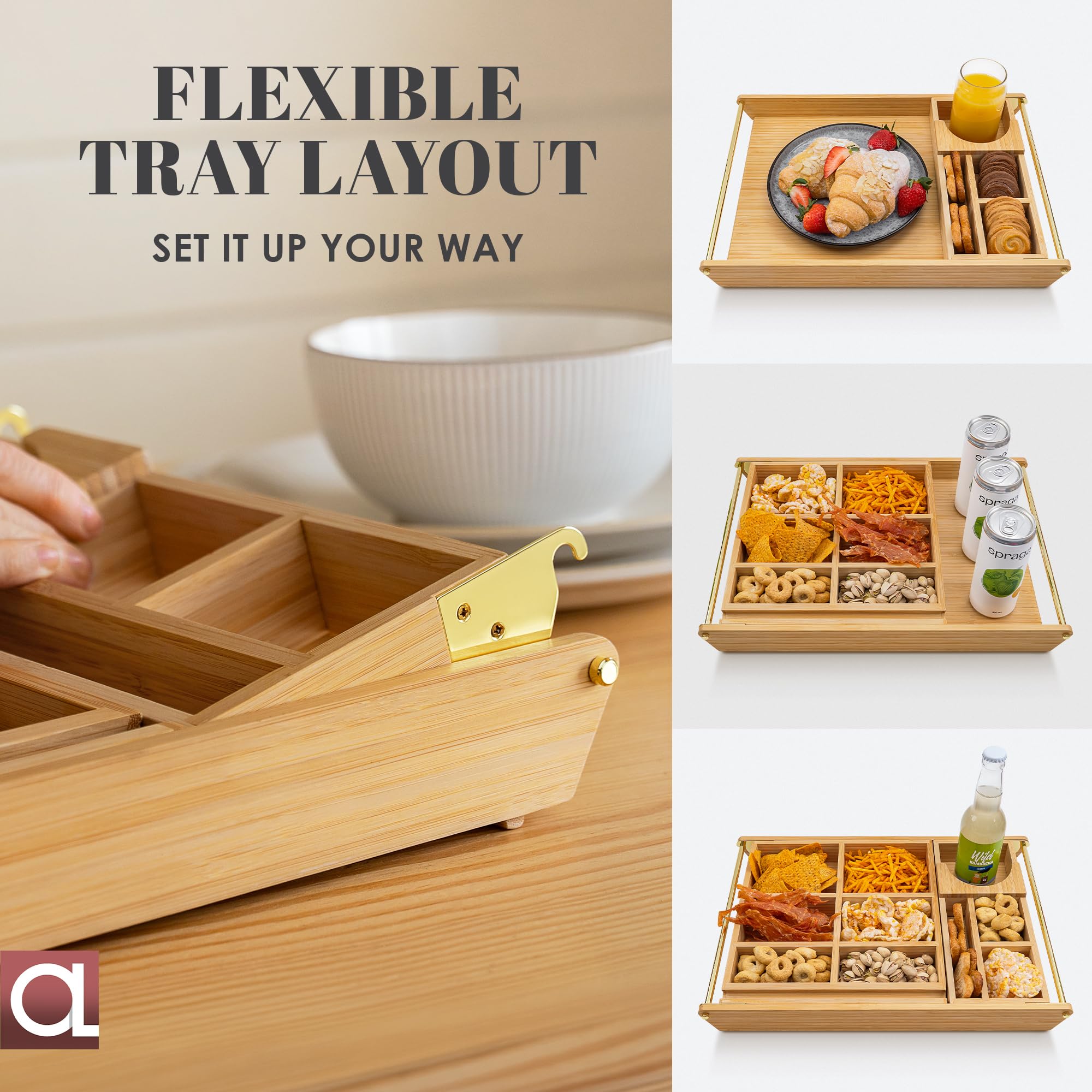 Lujosa bandeja de madera para servir con asas de metal, 17 x 12.2 pulgadas, bandeja otomana decorativa y bandeja de mesa de café para desayuno en la cama, cena y más (asas de bambú/dorado/divisores