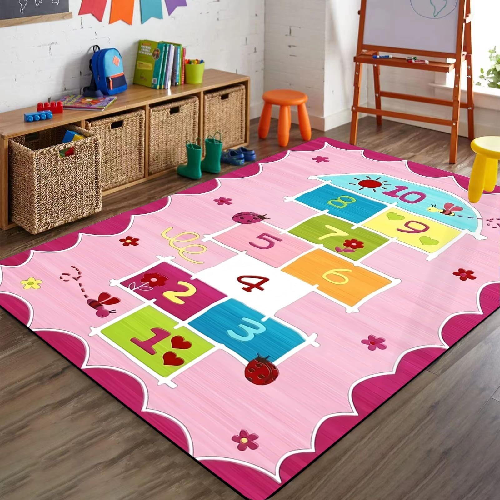 Bunt Zahlen Hüpfspiel Teppich Kinderzimmer, Rosa Blumen Biene Bedruckter Pädagogischer Spielteppich Waschbar rutschfeste Bodenmatte für Wohnzimmer Schlafzimmer 80x140cm
