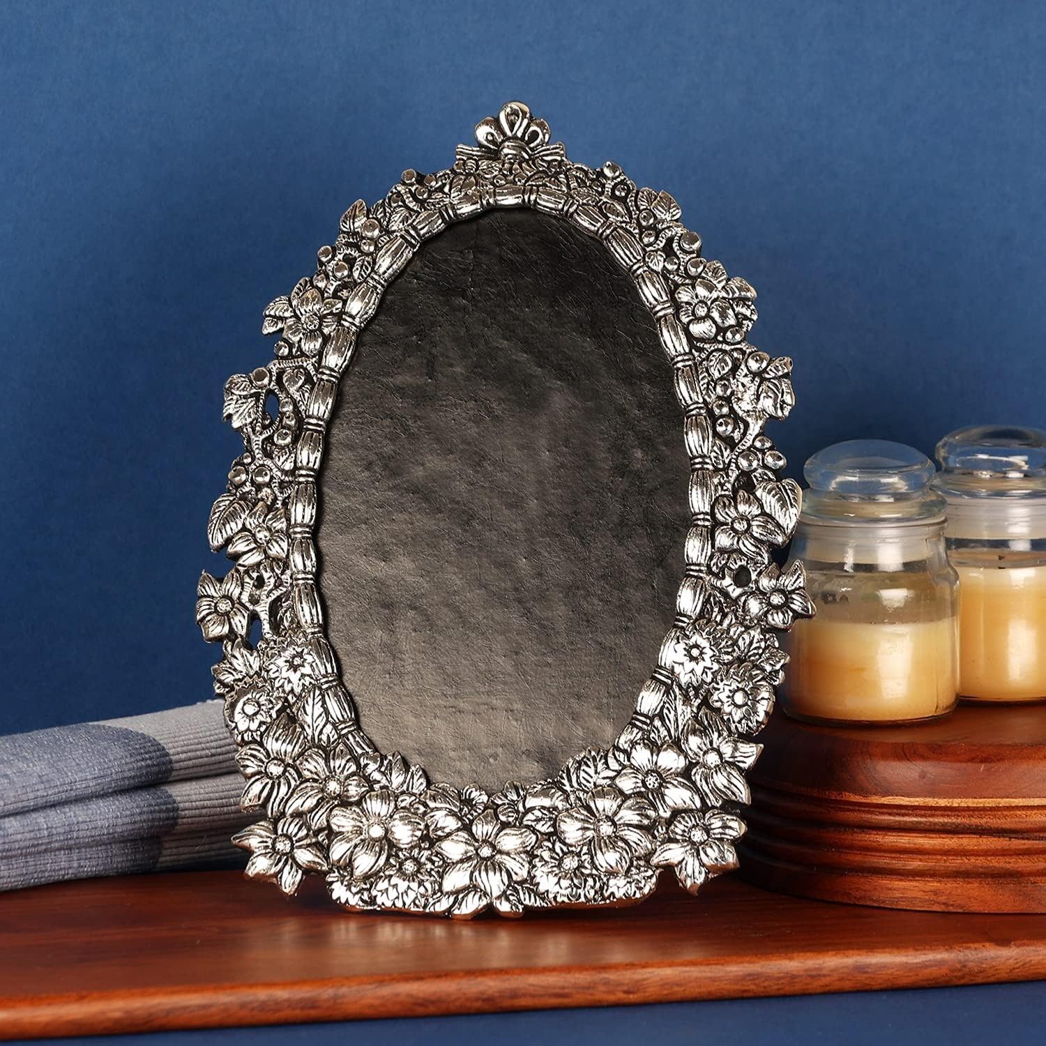 Vintage Floral Decorative Oval Mirror Frame for Table and Wall Decor, 28 x 21 x 2 cm, Antique Silver Design-picture-15
