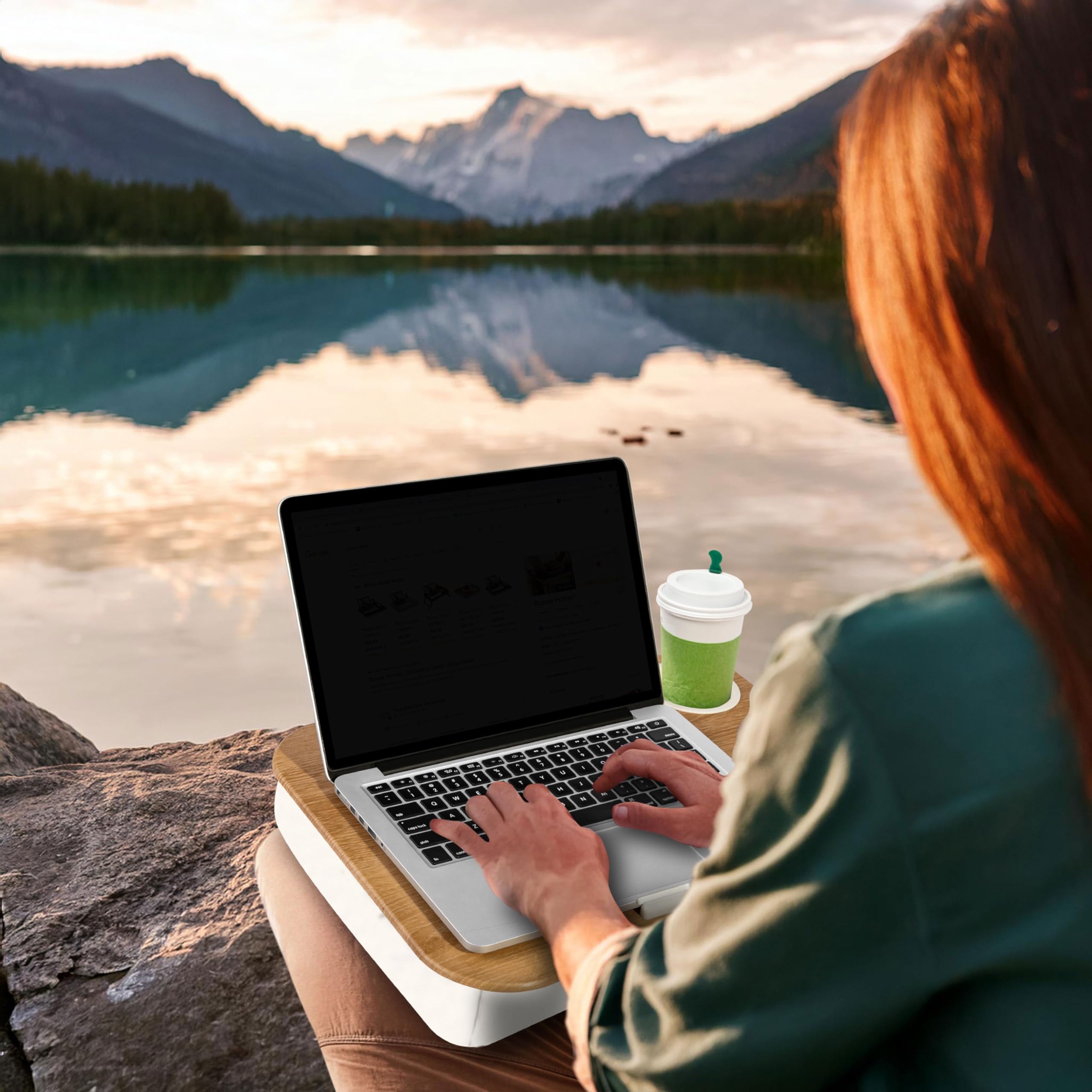 lapgear cup holder lap desk with device ledge - white oak woodgrain - fits up to 14 inch laptops - style no. 46329