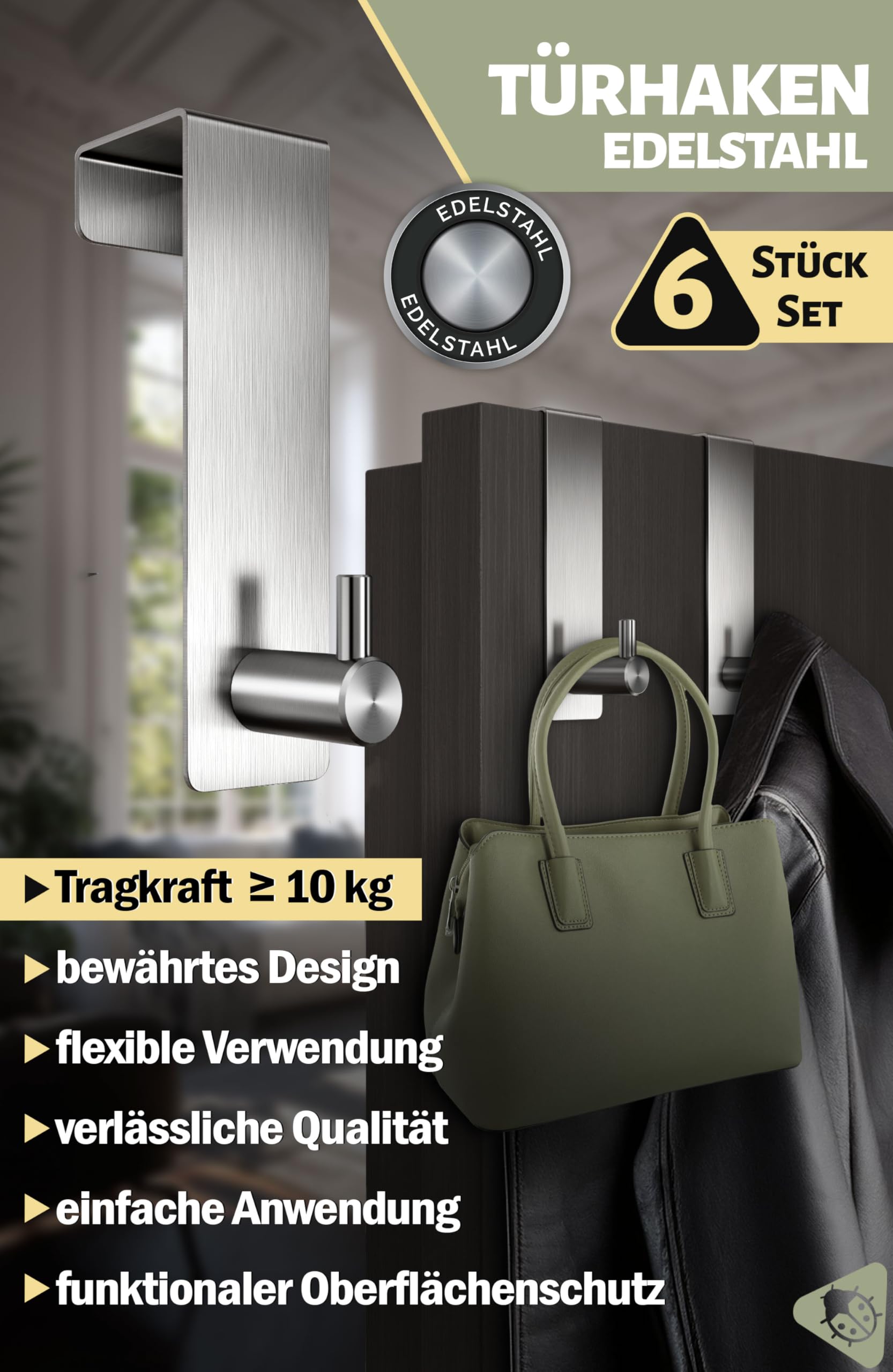 Menz Haczyki do drzwi ZT Design, zestaw 6 szt. – haczyki na drzwi ze stali nierdzewnej do zawieszenia