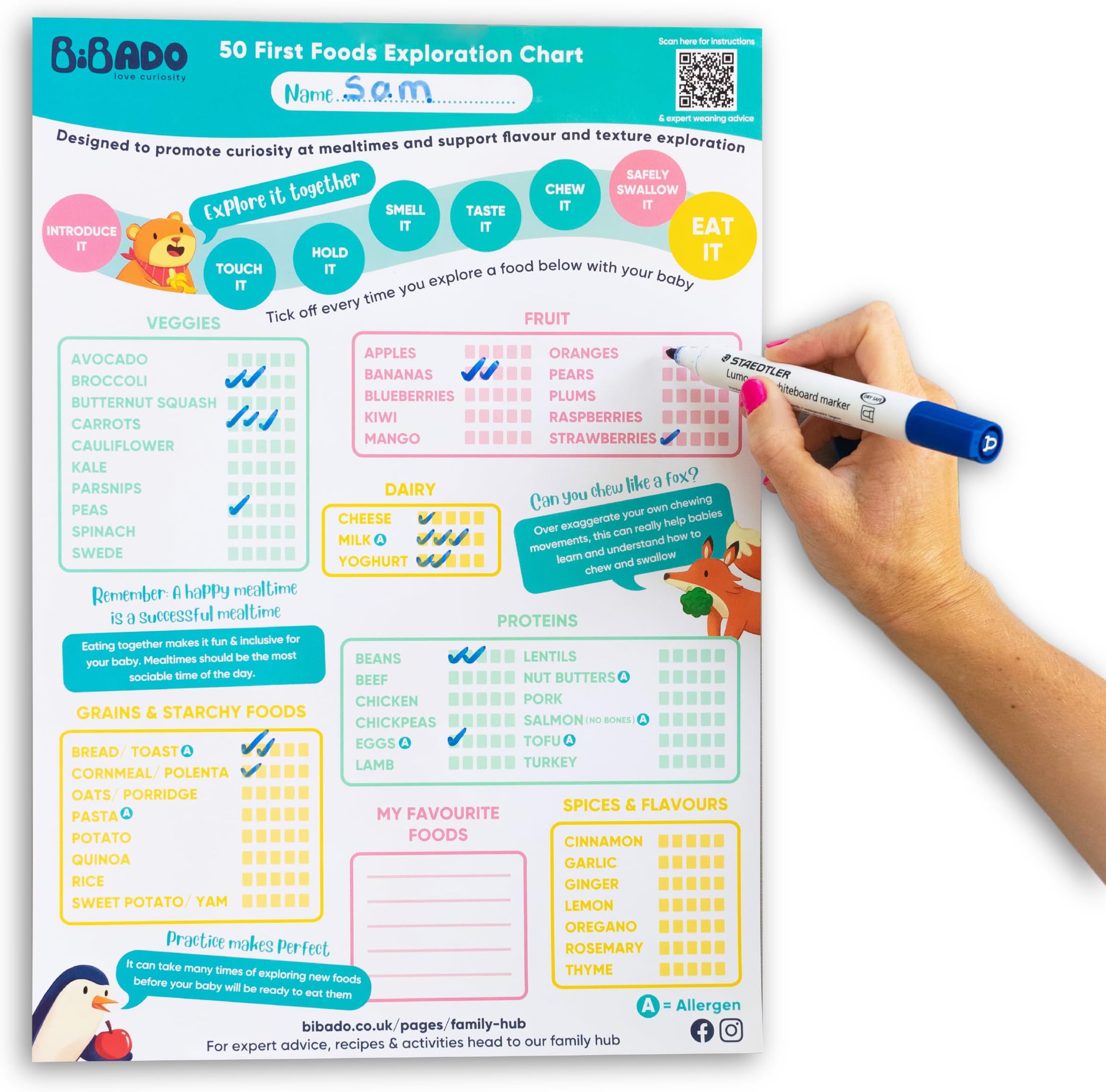 BIBaDO - 50 First Foods Tick Exploration Chart | Activity Poster For Baby Led Weaning | Helps to Introduce Known Allergens | 6 Months +