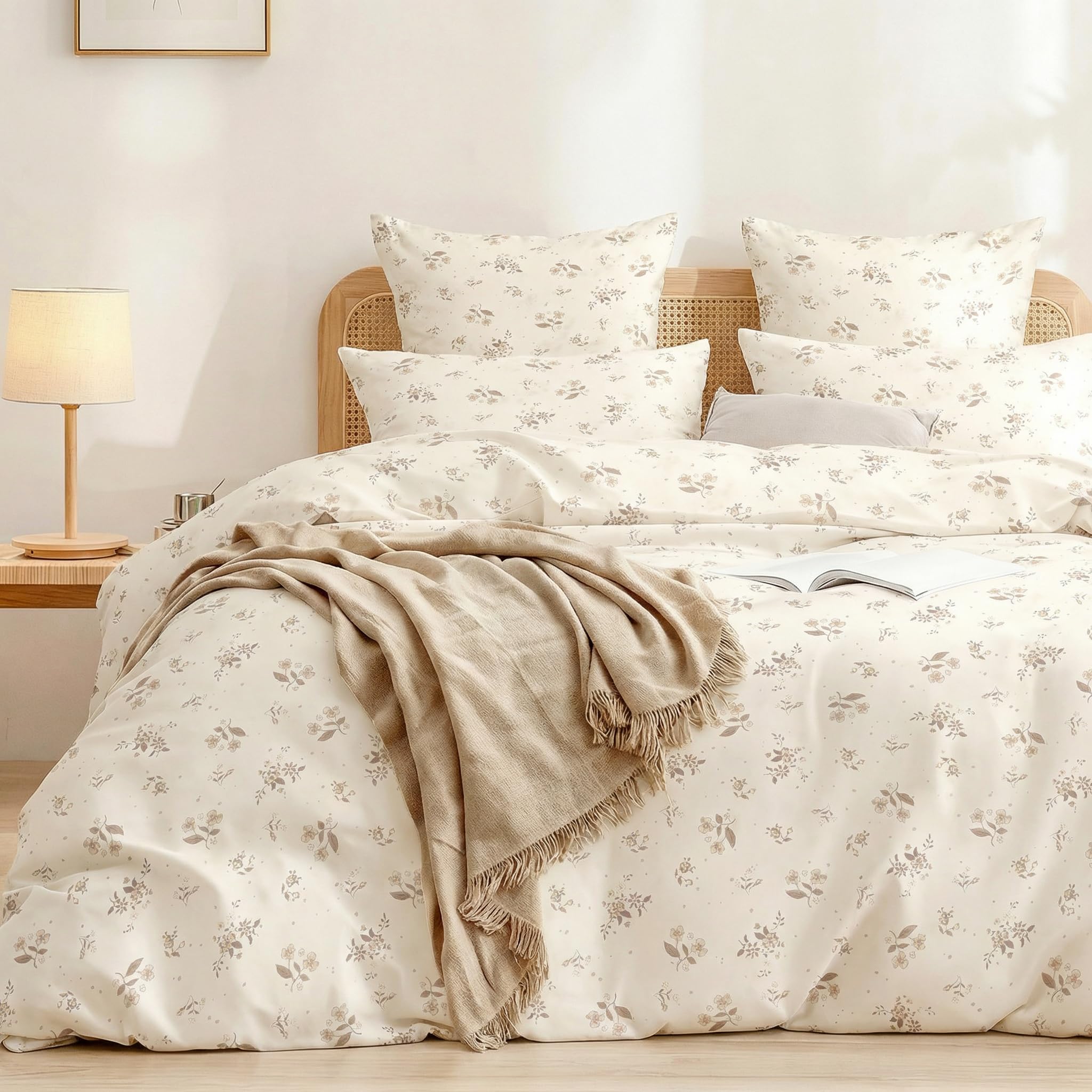 Covebett Double Duvet Cover Sets Beige Brown Floral Flowers Leaf Botanical Print Bedding Set 3pcs Aesthetic Teen Girls Microfibre Quilt Cover 200x200 cm with Zipper Closure and 2 Pillowcase 50x75 cm โ image 1