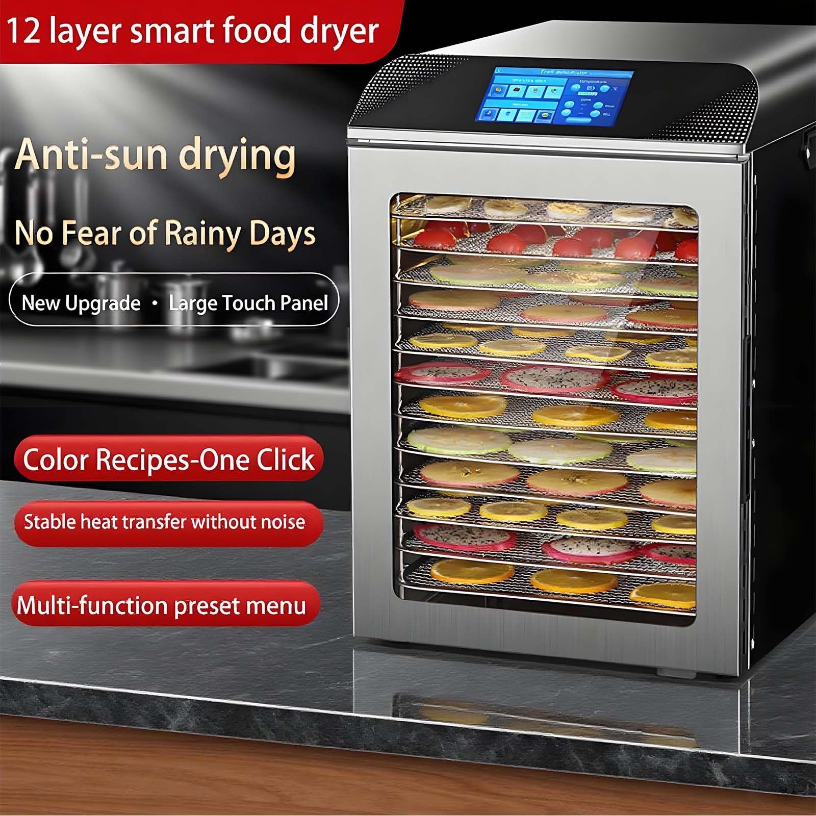 Essiccatore Alimentare da 800 W, Display A LED, Essiccatore Alimentare di Grande capacità A 12 Vassoi con Porta Autobloccante, Timer 24 Ore, per Essiccare Verdure, Carne, Carne Secca