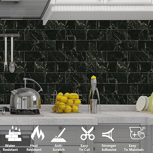 Miniatura 10 de URCOLOR Azulejos de pared de 32 piezas para despegar y pegar, 4 x 8 pulgadas, PVC negro brillante mármol palo en azulejos de metro para cocina,