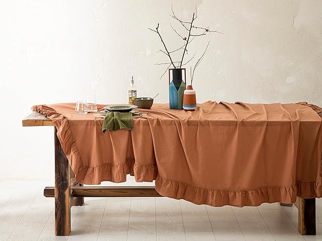 English Home Rectangular Tablecloth Cotton Frilly Table Cloth Washable Table Cloth Dining Table Cover for Kitchen Birthday Picnic Dining Thanksgiving 160x240 cm, Terracotta