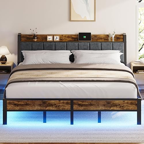 King Size Bed Frame with USB Charging Station, Storage Headboard with Smart LED Lights, Metal Platform Bed Noise Free, No Box Spring Needed, Easy Assembly