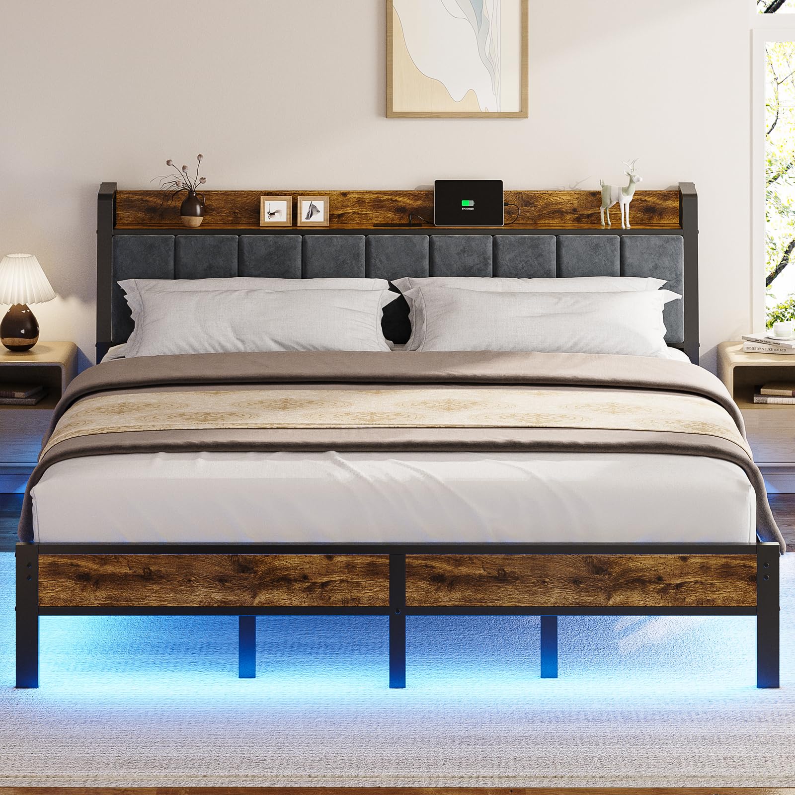 King Size Bed Frame with USB Charging Station Storage Headboard with Smart LED Lights Metal Platform Bed Noise