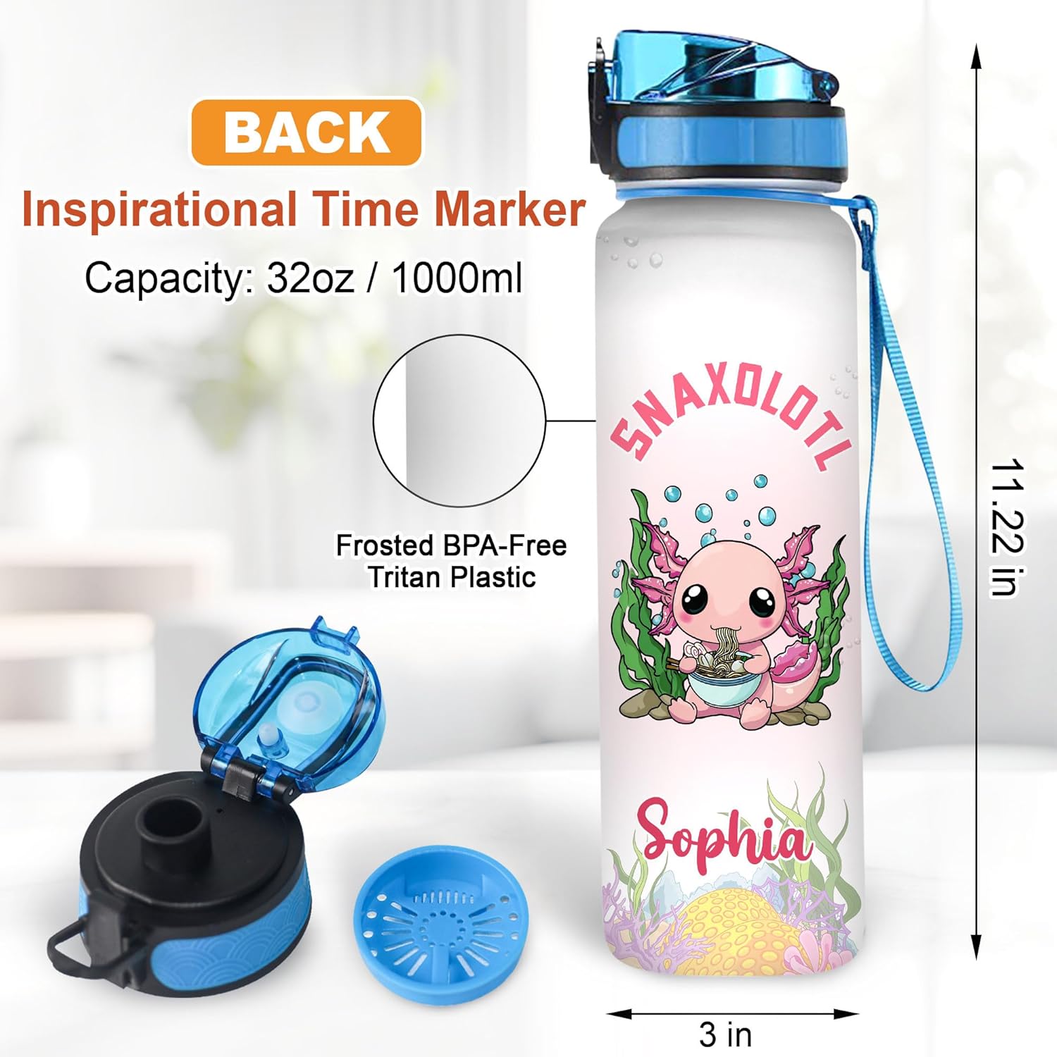 Hyturtle Personalized Axolotl Water Bottle - 32oz Motivational Water Bottle with Leak-Proof Lid & Time Marker - Custom Name Gift for Axolotl Lovers, Women, Girls, Boys - Birthday & Christmas Gift