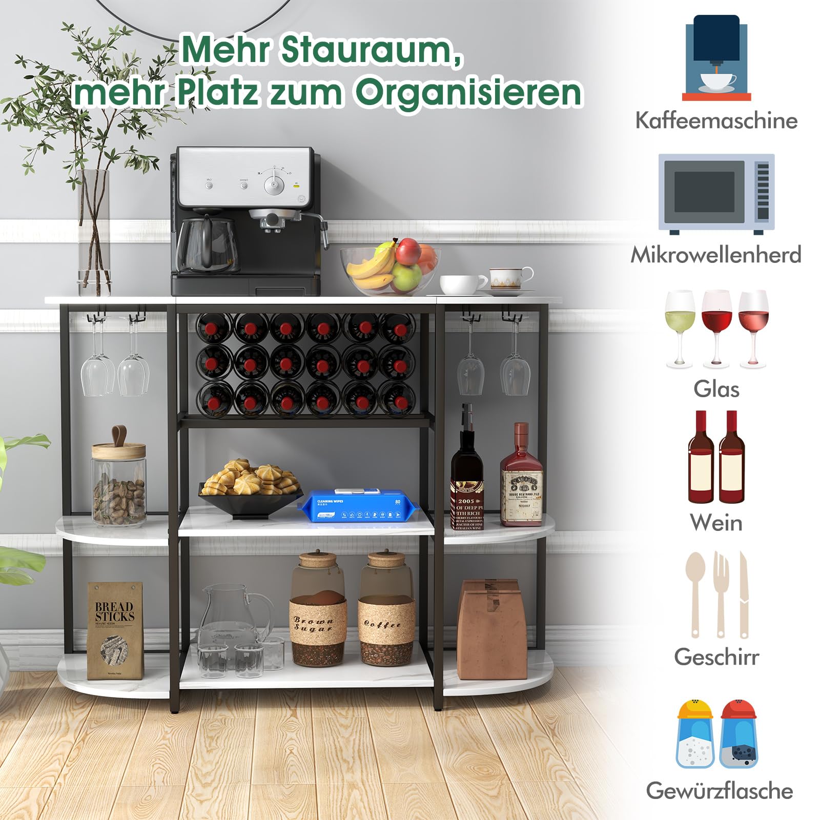 COSTWAY 120cm Weinregal mit Glashalter & Regalen, 3 Ebenen Flaschenregal für 18 Weinflaschen & 8 Gläser, 120 x 40 x 91 cm (Weiß)