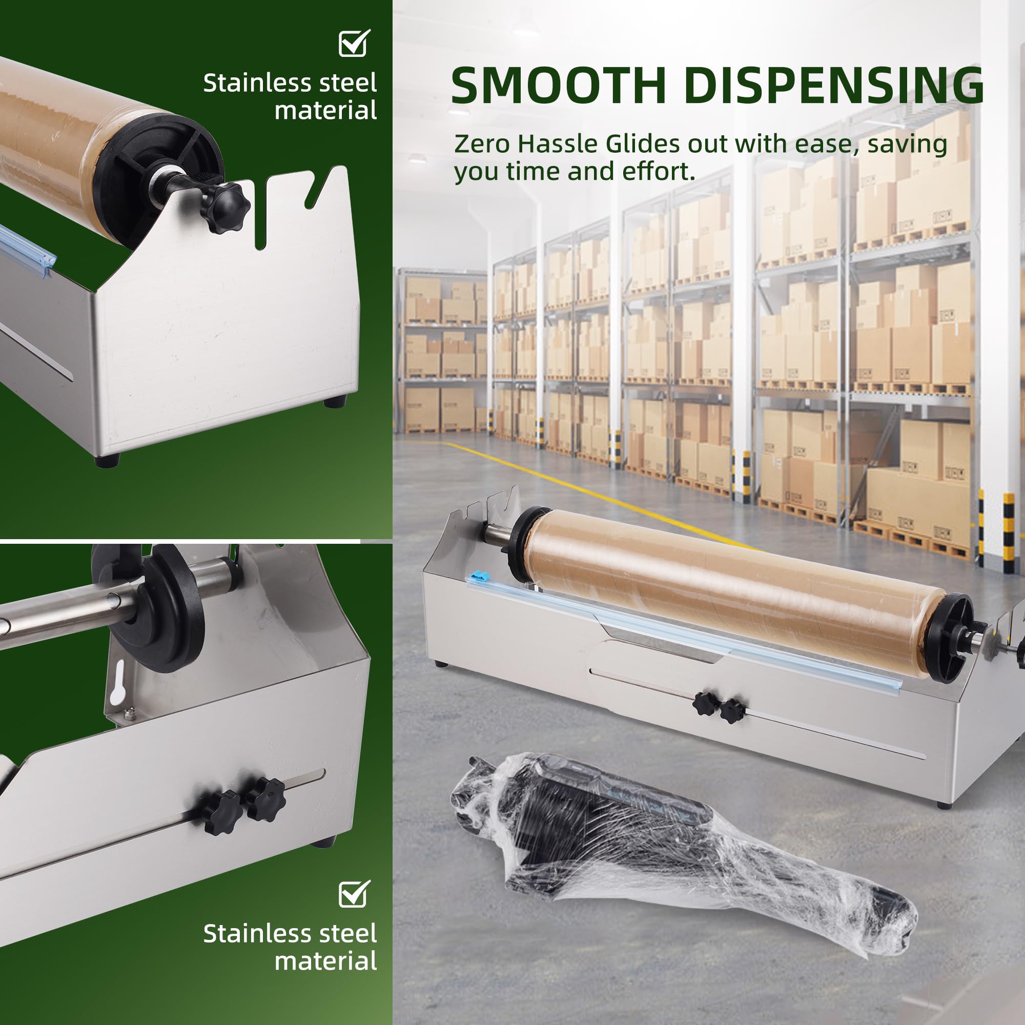 Dispensador de envoltura industrial ajustable con 3 ranuras de película, cortador de acero inoxidable para rollos de película elástica de 16 a 26 pulgadas, equipo de embalaje resistente para