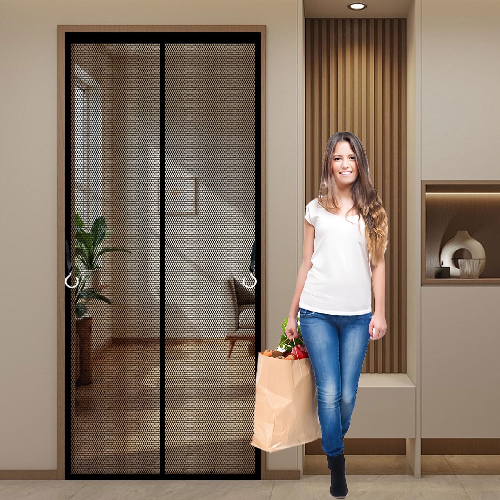 Liujyuan Black Magnetic Fly Screen Door 126 X 186 Cm Frame Hook & Loop, Powerful Magnets Flyscreen French Doors, Bug Mesh Curtain Heavy Duty, Lets Fresh Air For Keeping Out Flies,