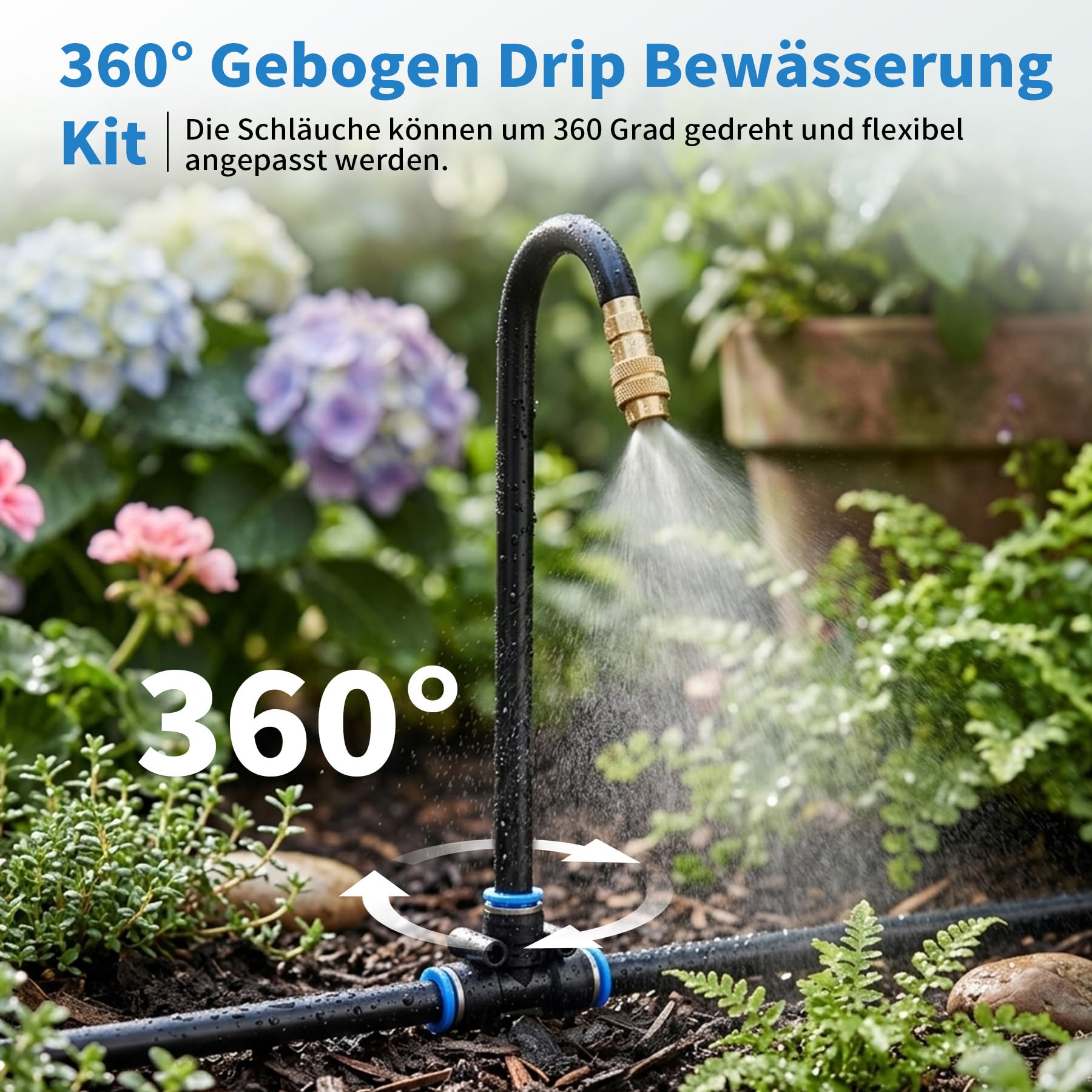Bewässerungssystem Garten, 360° Curved Garden Automatic Irrigation System, 15M PE Pneumatik Schlauch Kit für Bewässerungssysteme, Flower Bed und Terrasse Pflanzen