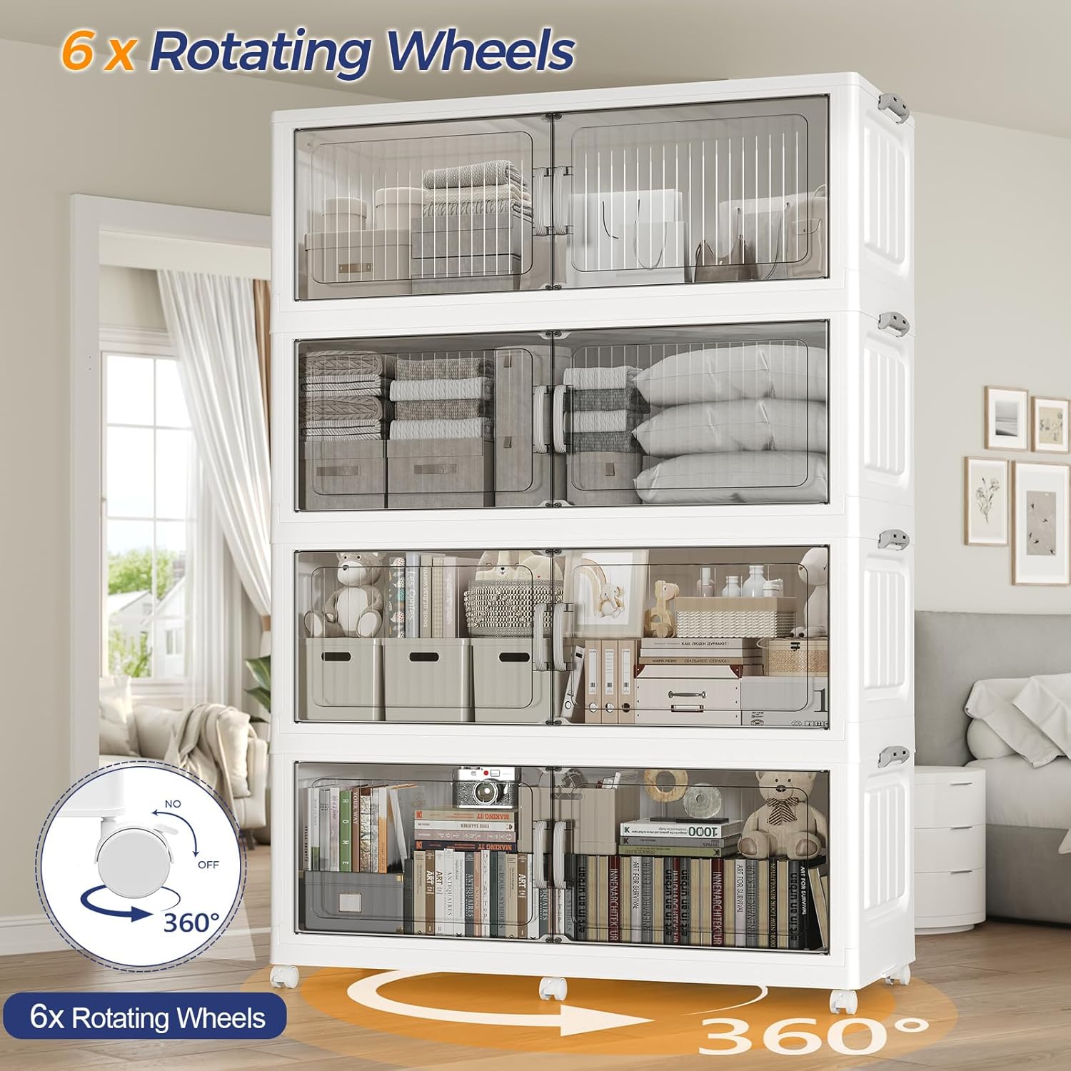 150Gal Extra Large Stackable Storage Bins with Lid, 600QT Foldable Collapsible Storage Box with Doors and Wheels, Plastic Closet Organizers Container Drawer for Bedroom Dorm Kitchen, 3Pack