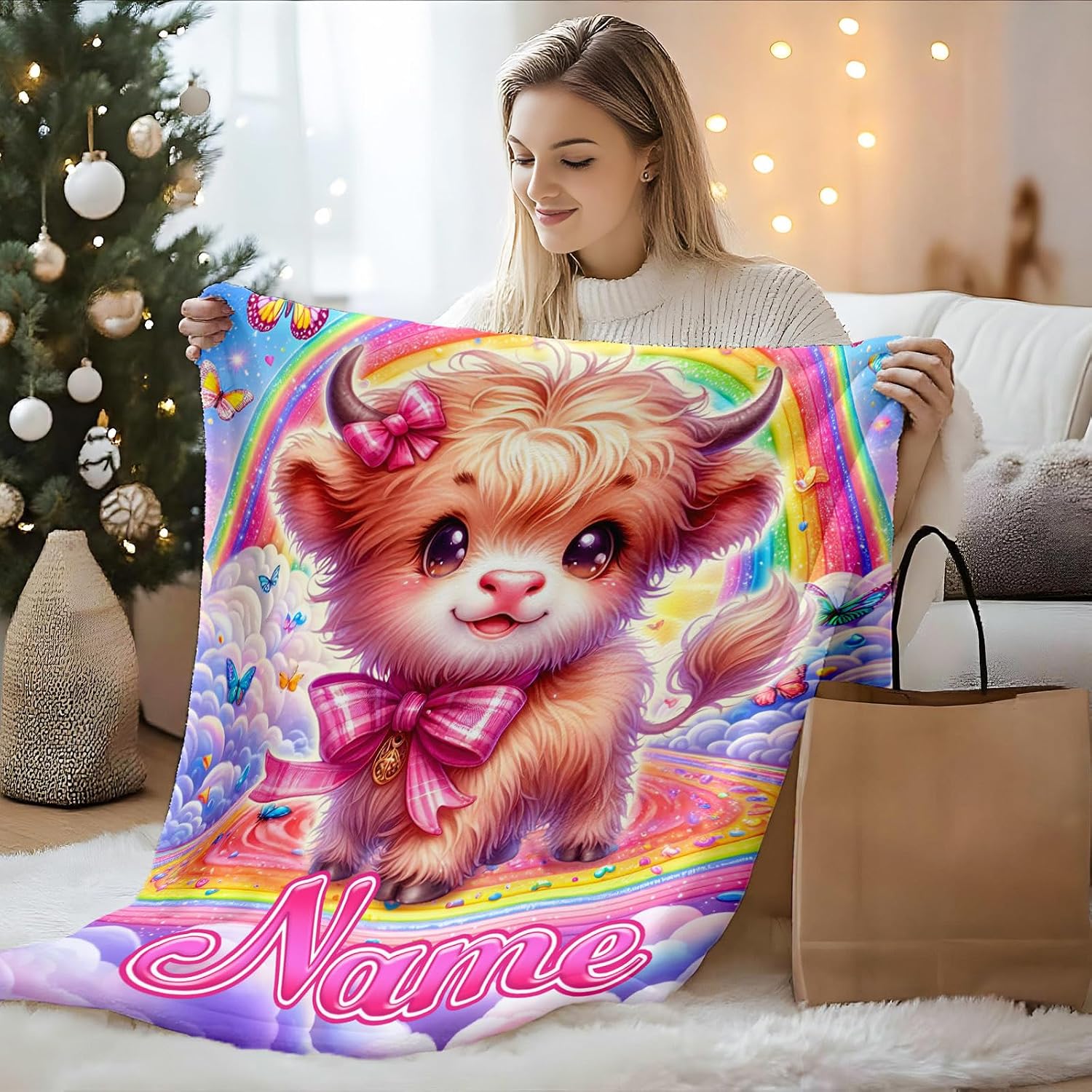 Highland Cow Blanket Gifts for Girls Women Adults, Personalized Blankets for Birthday Christmas Decor, 80x60 Inches Warm Lightweight Rainbow Cow Throws for Bedding Home Room