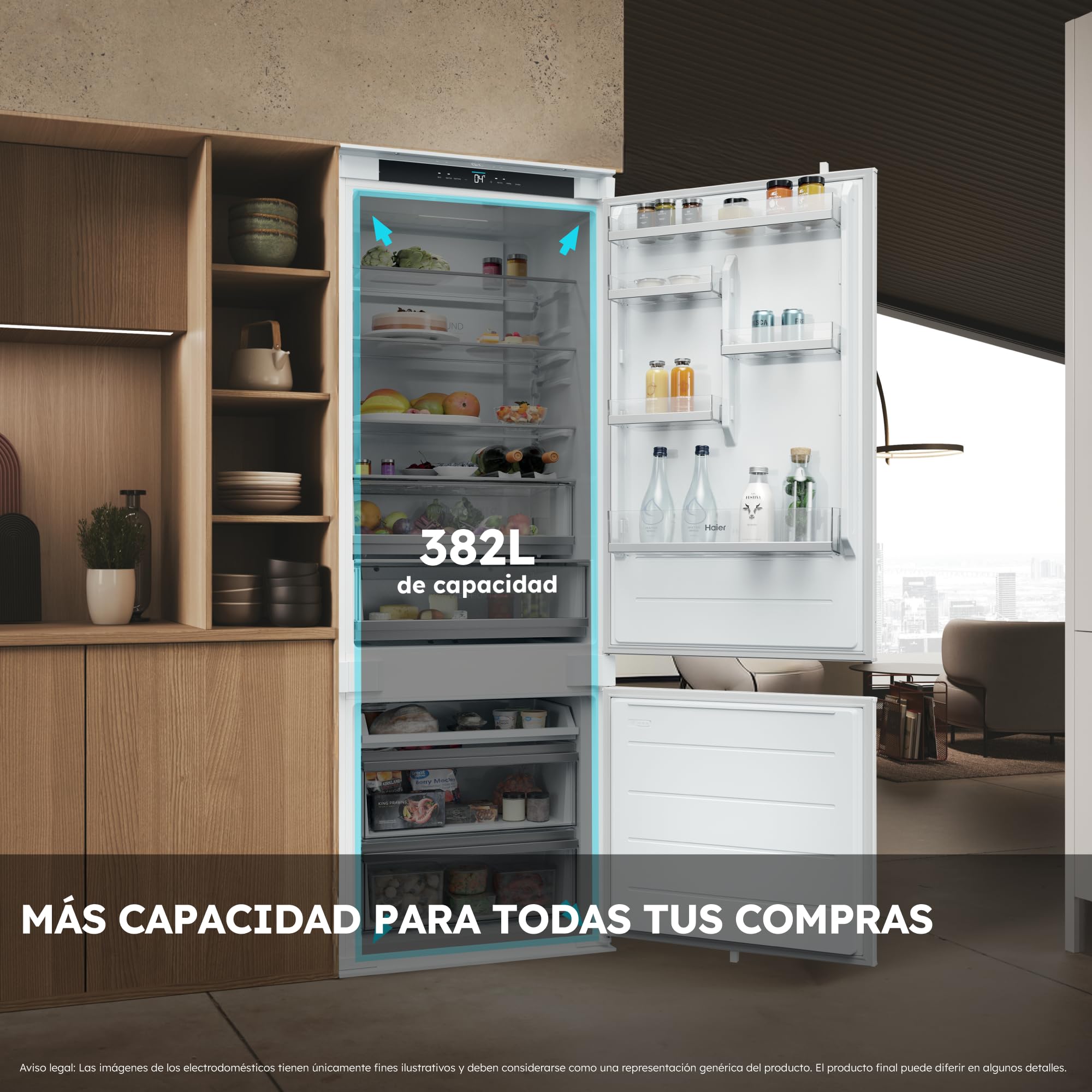Haier 2D HBQW5719E - Frigorífico Combi Integrable, 382L,WIFI,Motor Inverter, My Zone, Total No Frost,Ancho 69 cm, Alto 193.5 cm,Iluminación LED, Blanco
