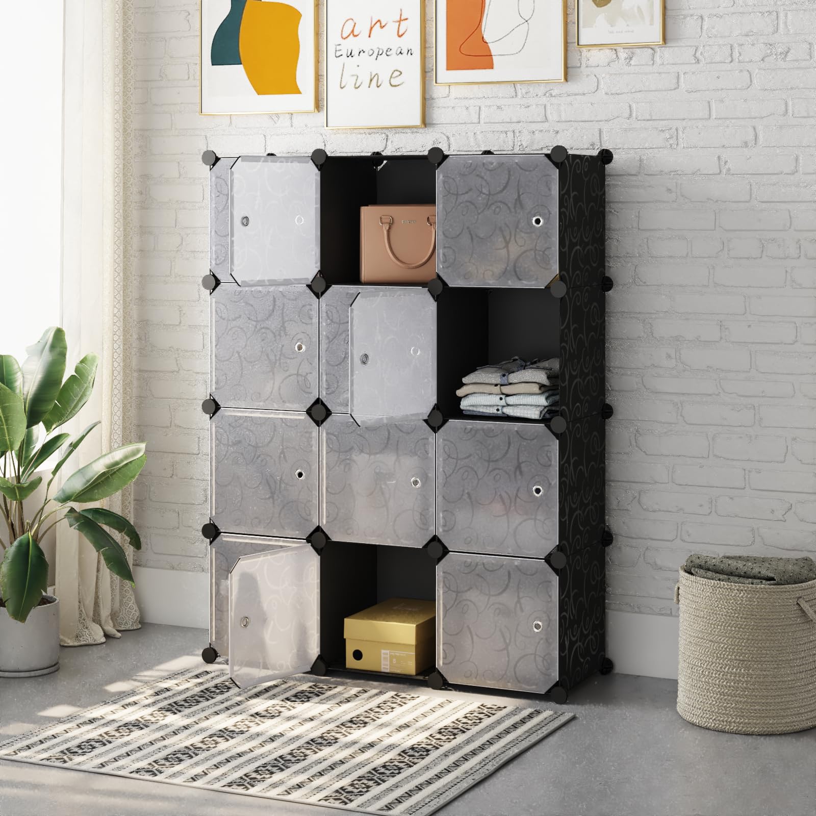 Mondeer Würfelregal, Steckregal, 30x30cm Stapelbar Kunststoff Regalsystem mit Tür, für Kleidung Schuhe Spielzeug Bücher, für Schlafzimmer Büro Wohnzimmer, 12 Fächer Schwarz und Weiß, 94x125x32cm