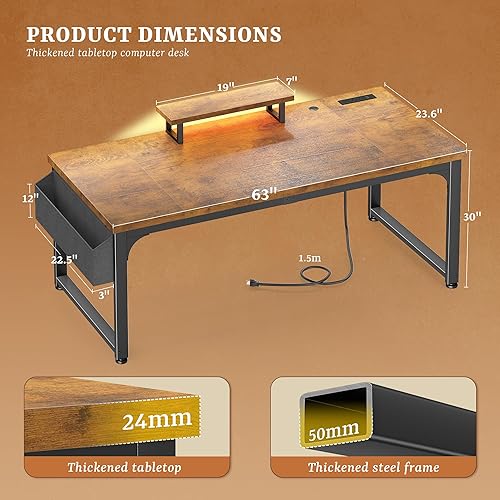 Miniatura 3 de Escritorio para computadora de 63 pulgadas con soporte para monitor y escritorio de 0.945 in de grosor, escritorio para juegos con tomas de