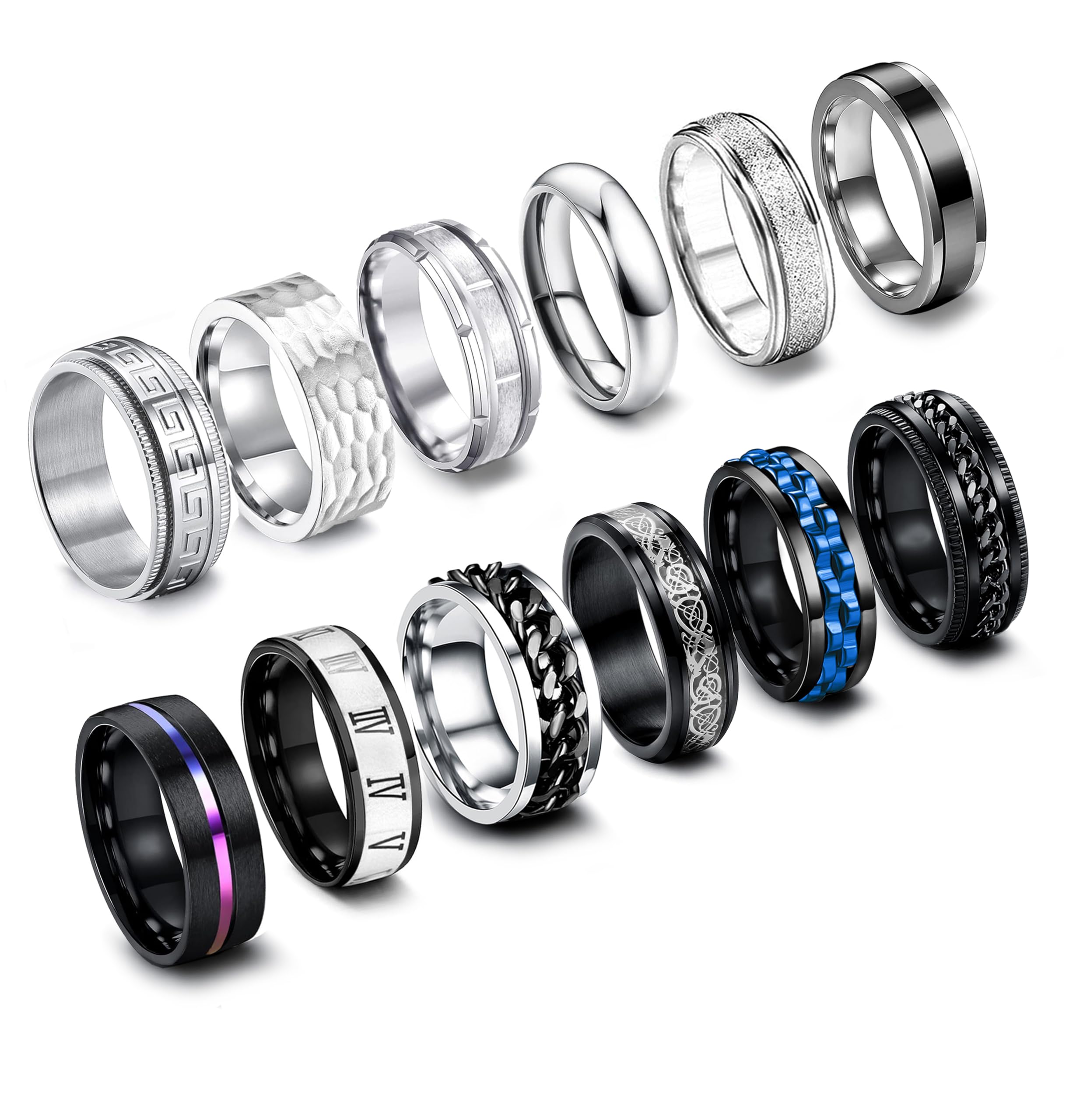 EIELO 12Pcs Stainless Steel Band Rings for Men Women Cool Fidget Spinning Chain Ring Anxiety Relief Fashion Simple Wedding Engagement Ring Set