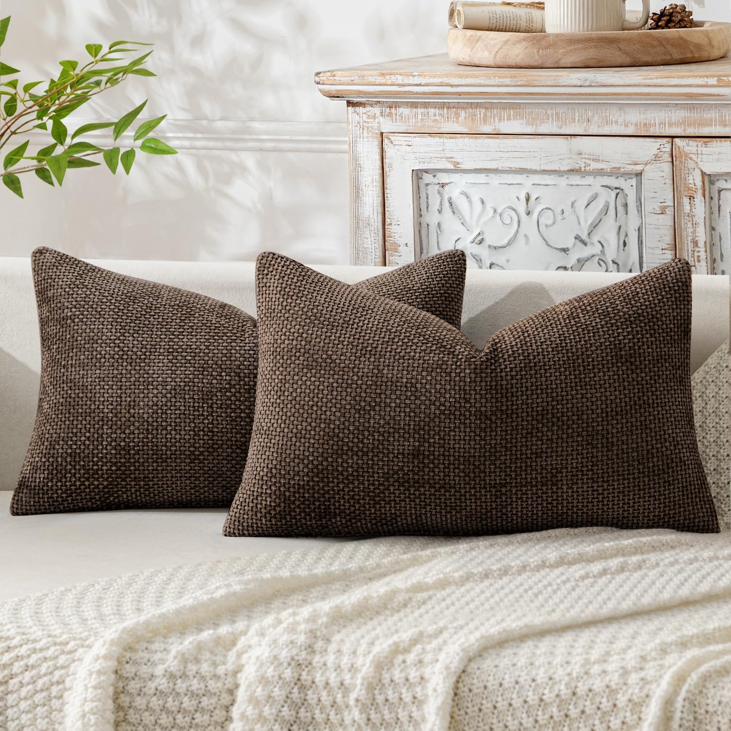 MIULEE Decorative Lumbar Throw Pillow Covers 12x20 Inch Dark Brown 2 Pack