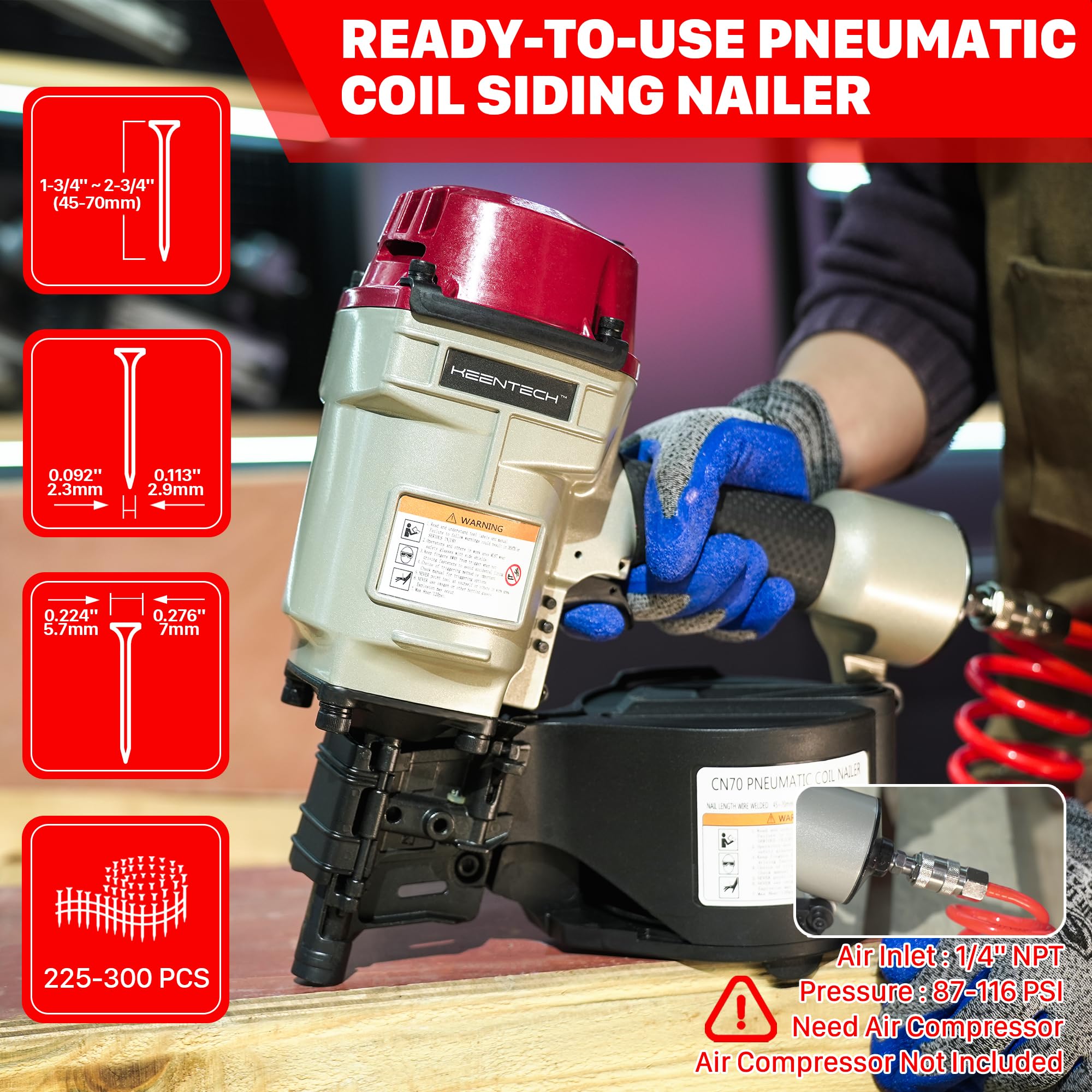 Snapklik.com : KEENTECH Pneumatic Siding Nail Gun For 1-3/4" To 2-3/4 ...