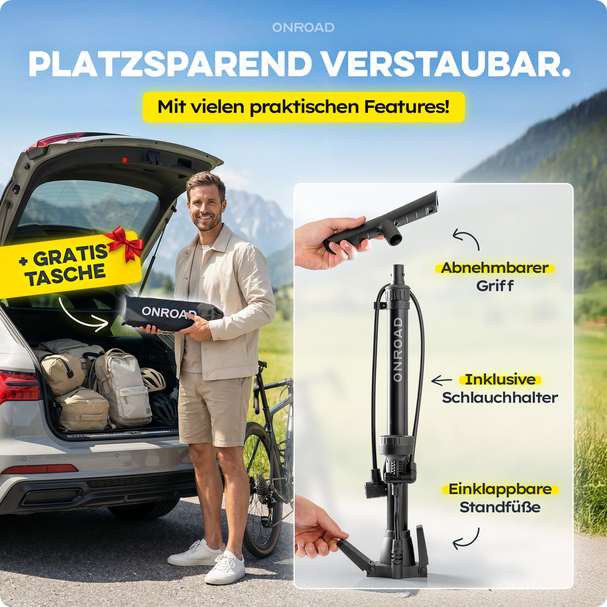 Fahrradpumpe alle Ventile (Presta/SV, AV, DV) – Luftpumpe Fahrrad ON‑AIR mit großem Manometer, Adaptern & Ballnadel, Leistungsstarke & hochwertige Standpumpe – Pumpe für Unterwegs & Zuhause