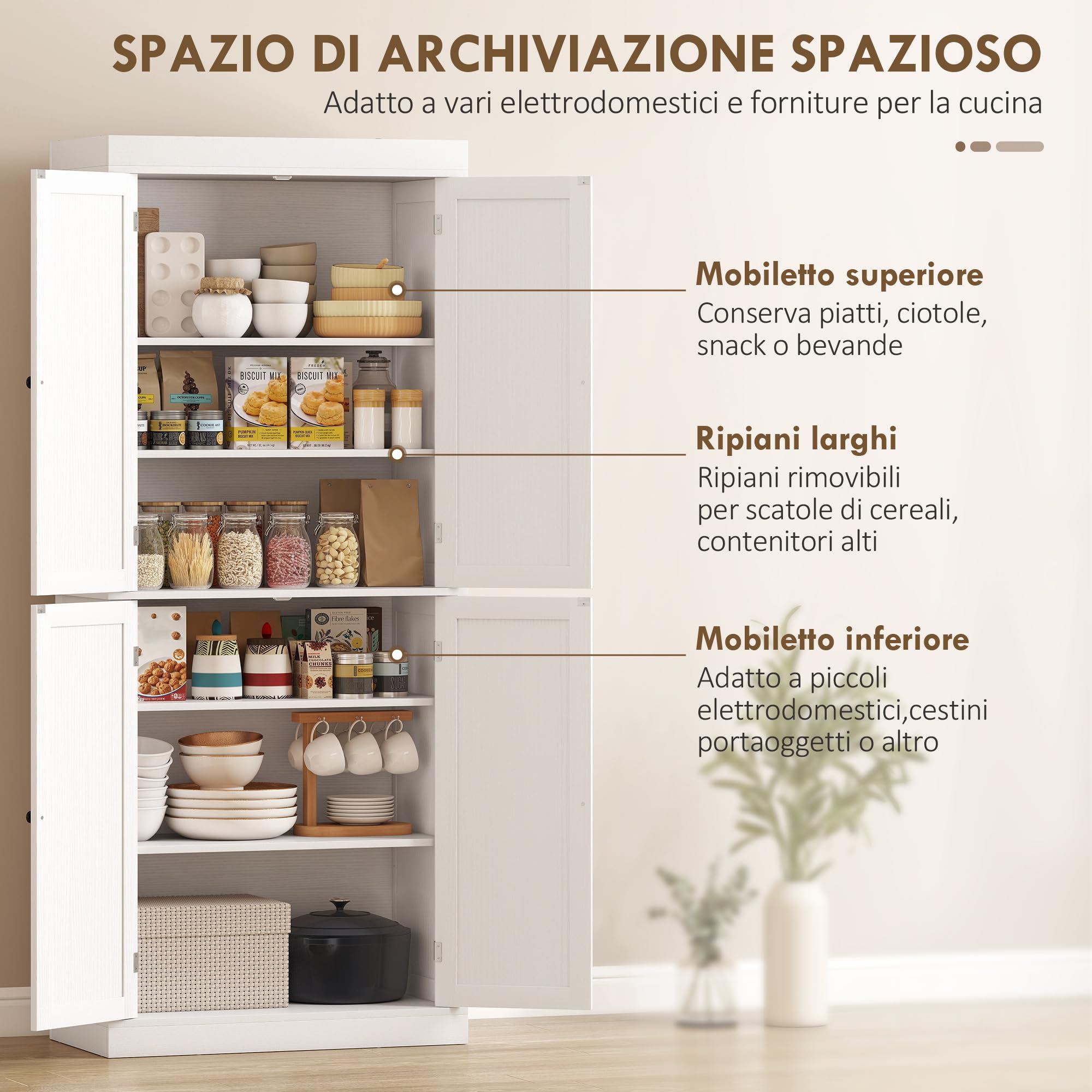 HOMCOM Credenza Cucina Alta 184cm, Mobile Dispensa con 4 Ante Chiusura Magnetica, Ripiani Regolabili, Mobile Cucina a 6 Livelli, per Sala da Pranzo Soggiorno, Bianco