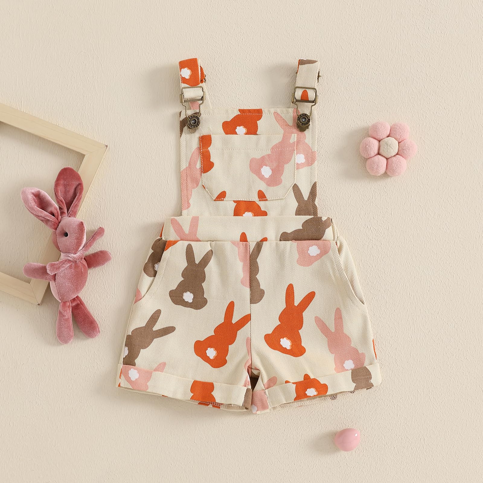 Karesoull Summer Toddler Baby Girl Overalls Easter Suspender Shorts Strap Romper Jumpsuits Little Girl Clothes (Bunny Khaki, 18-24 Months)