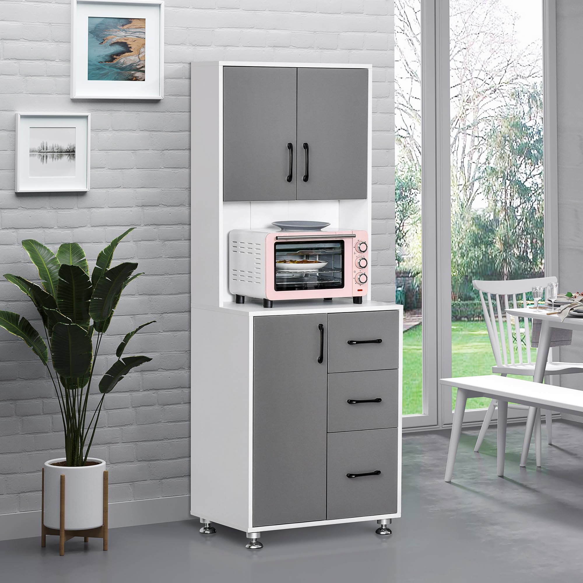 HOMCOM Armoire de Cuisine Multi-Rangements 60L x 40l x 160H cm Gris Blanc