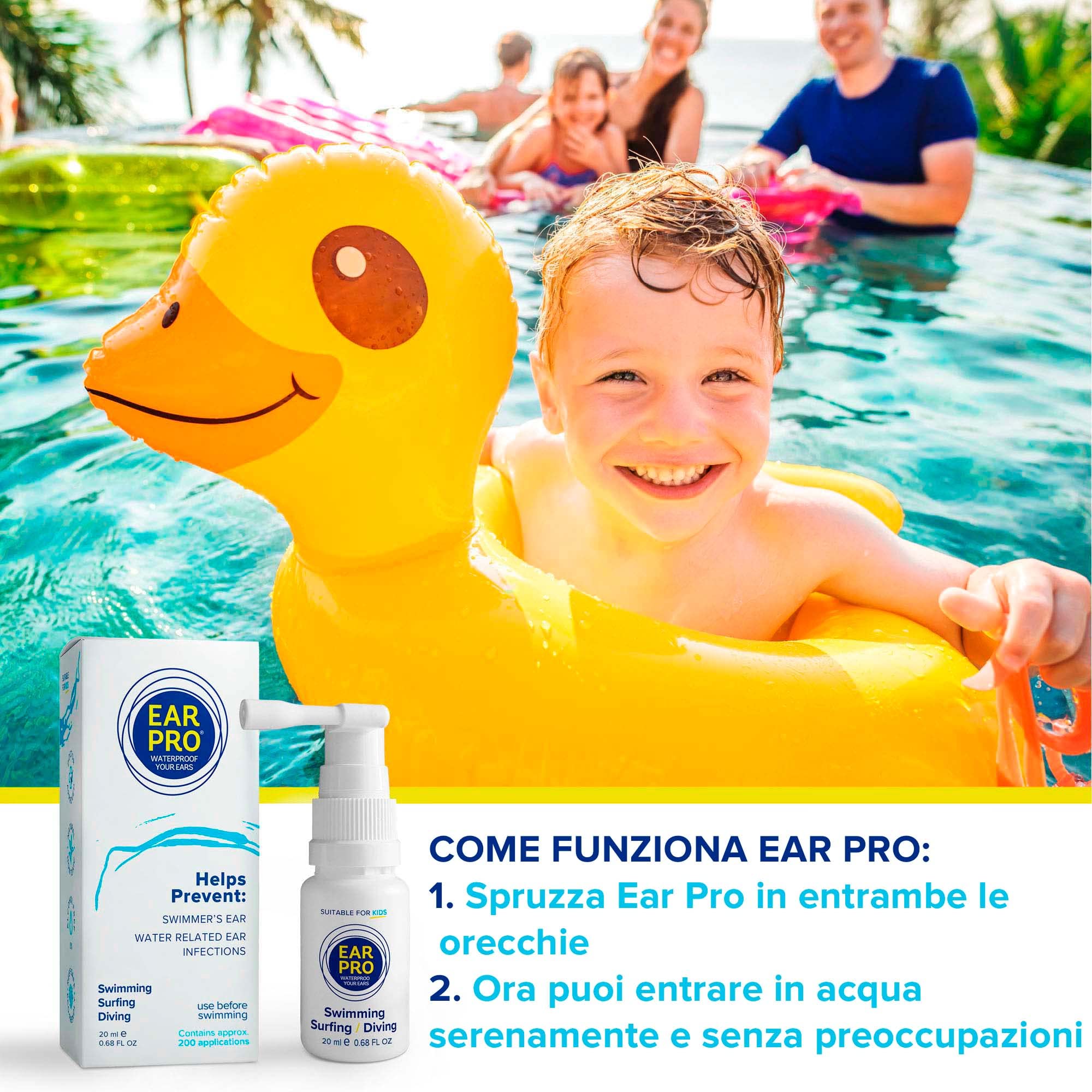 Ear Pro Natural Ear Protection Spray per bambini e adulti per aiutare a prevenire problemi all'orecchio legati all'acqua e proteggere l'udito (1 confezione, 200 applicazioni)
