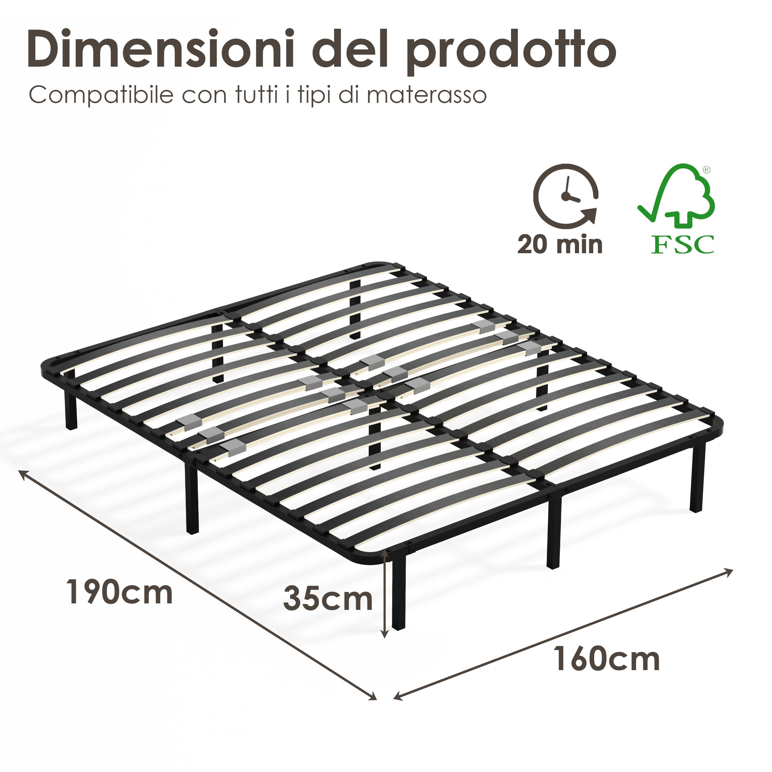 DEWINNER Rete Matrimoniale 160x190 cm, Altezza 35cm, Ortopedica con 9 Piedi,Letto Ferro Battuto con Rete a Doghe Matrimoniale regolatori di rigidità con Doppie doghe centrali