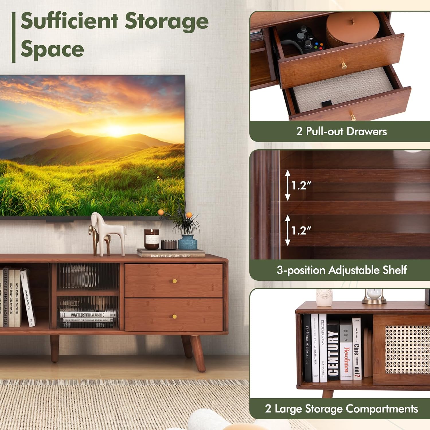 Tangkula Mid Century Modern TV Stand for TVs up to 65", Bamboo Entertainment Center w/Glass & PE Rattan Sliding Doors, 2 Drawers, Adjustable Shelf, Wood Legs, Media Console (Bamboo 2-Walnut)