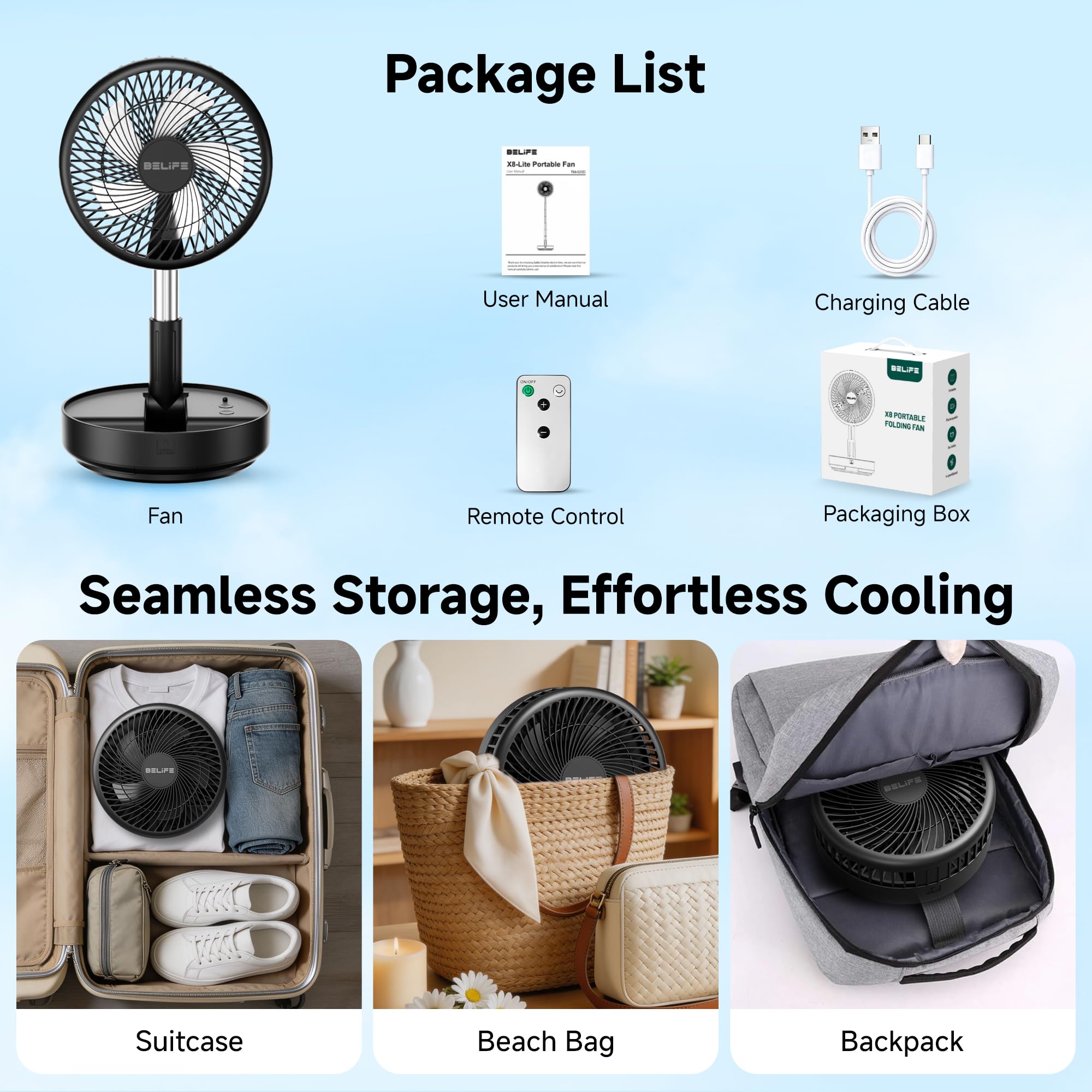 Belife Ventilador portátil X8, ventilador inalámbrico que funciona con pilas, ventilador oscilante recargable de 7200 mAh, control remoto y ventilador telescópico plegable (negro)