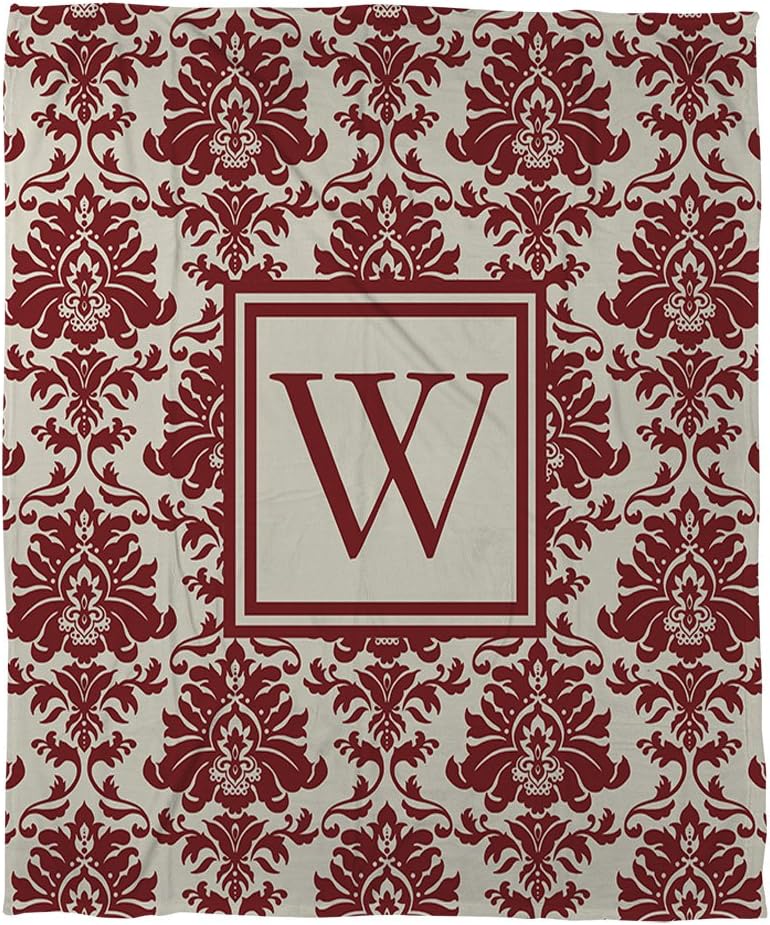 Manual Woodworkers & Weavers Coral Fleece Throw, 60 by 80-Inch, Monogrammed Letter W, Crimson Damask