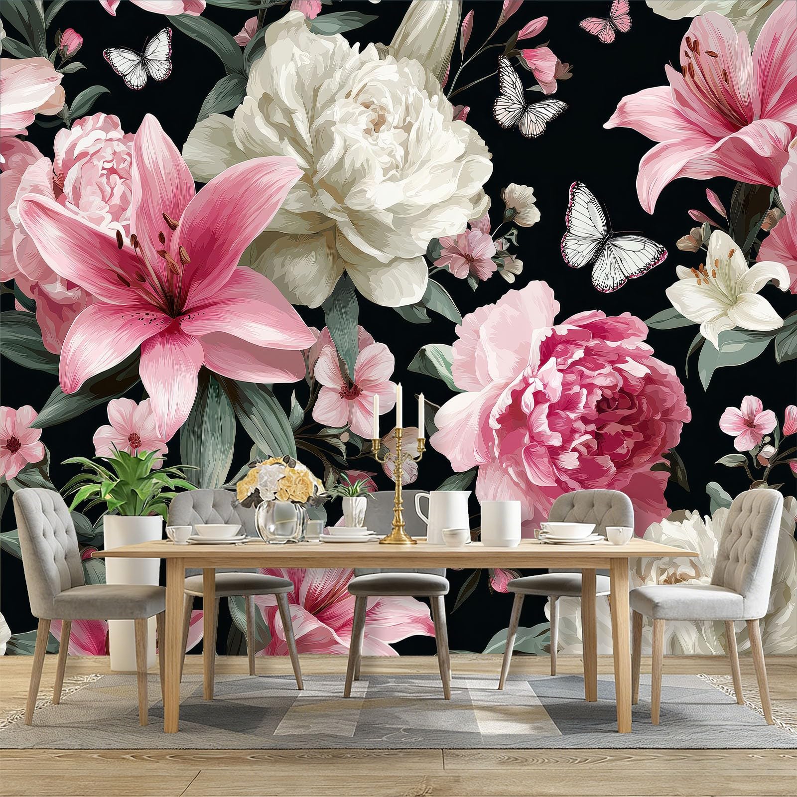 Kolorowa panoramiczna tapeta ścienna 300 x 210 cm, 3D wykwintna tapeta piwonia lilia motyl kwiatowy motyw fresk ścienny sypialnia salon dekoracja obrazu gigantyczny plakat ścienny