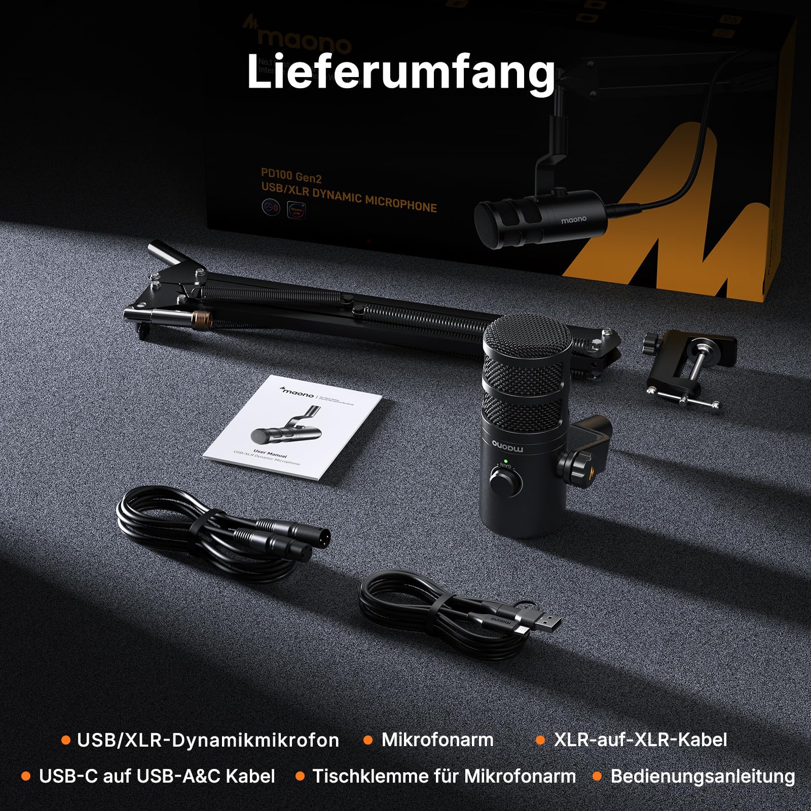MAONO PD100 Gen2S USB/XLR Dynamisches Mikrofon für PC, 192kHz/24bit Studio-Klang, Mute-Taste, Echtzeit-Monitoring, Metallgehäuse, inkl. USB- & XLR-Kabel, Komplettset für Podcast, Streaming, Homeoffice